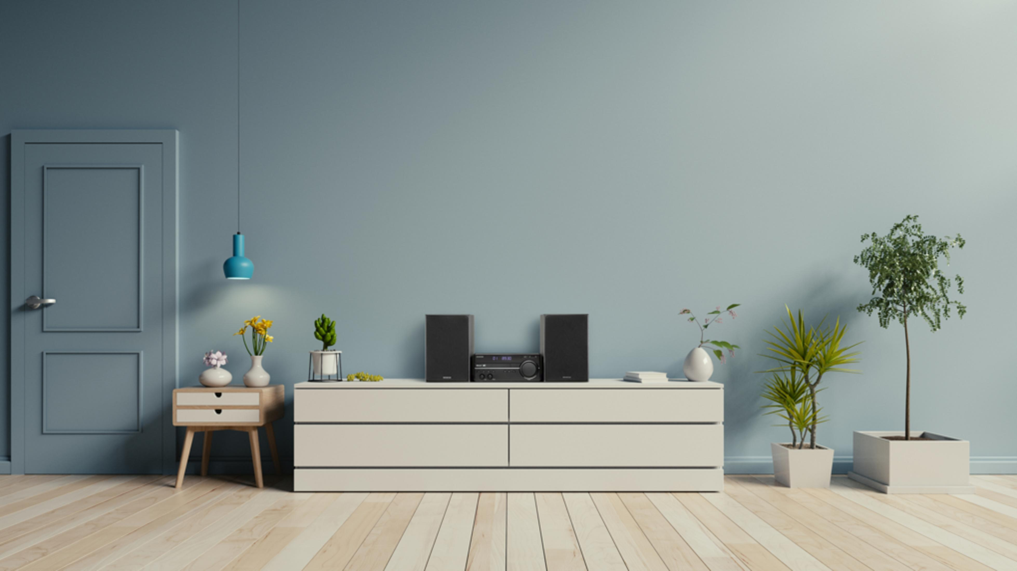 Habitación con pared azul, suelo de madera, puerta, cómoda, equipo de música y plantas.