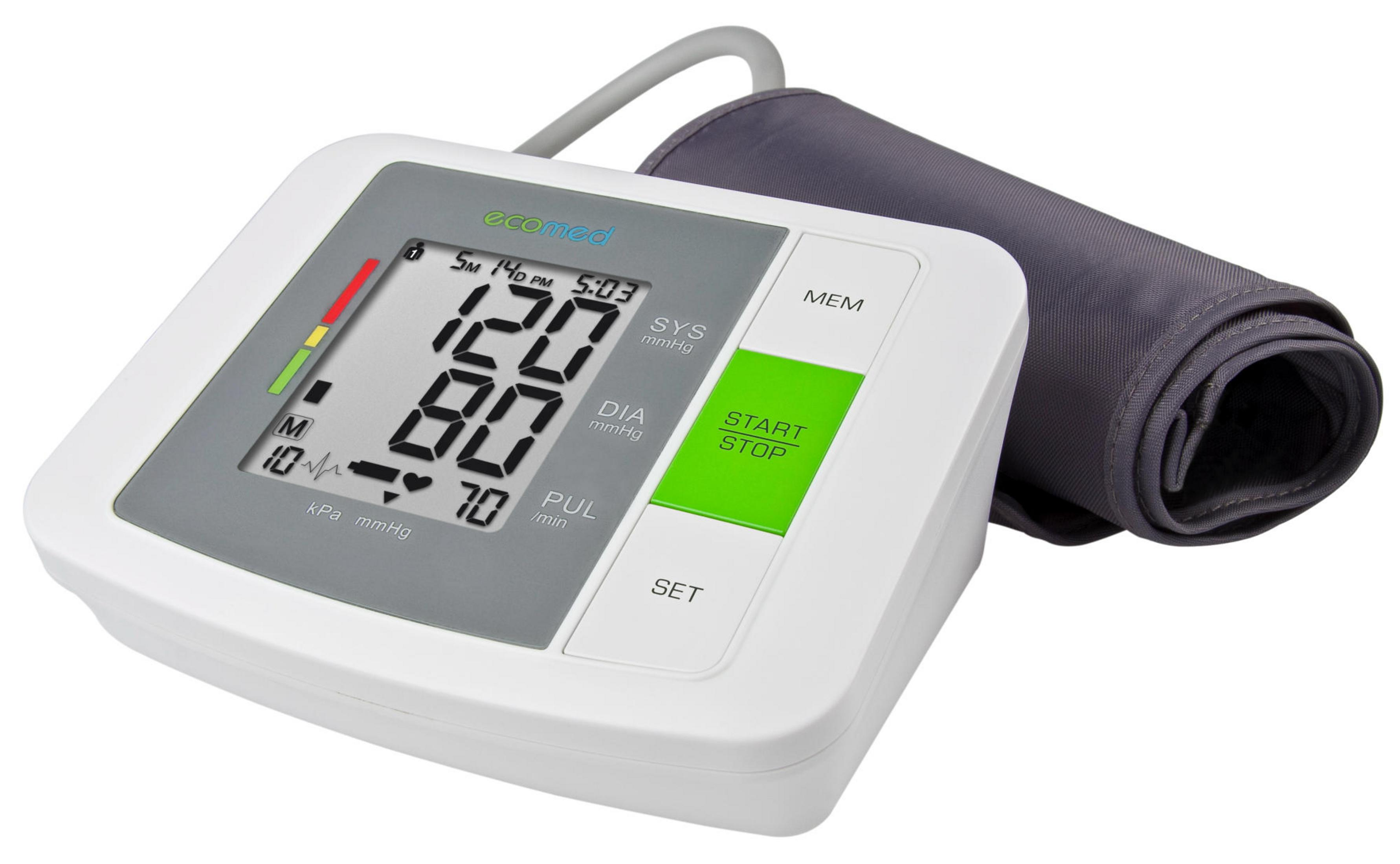 Ein digitaler Blutdruckmesser mit Manschette zeigt 120/80 an.