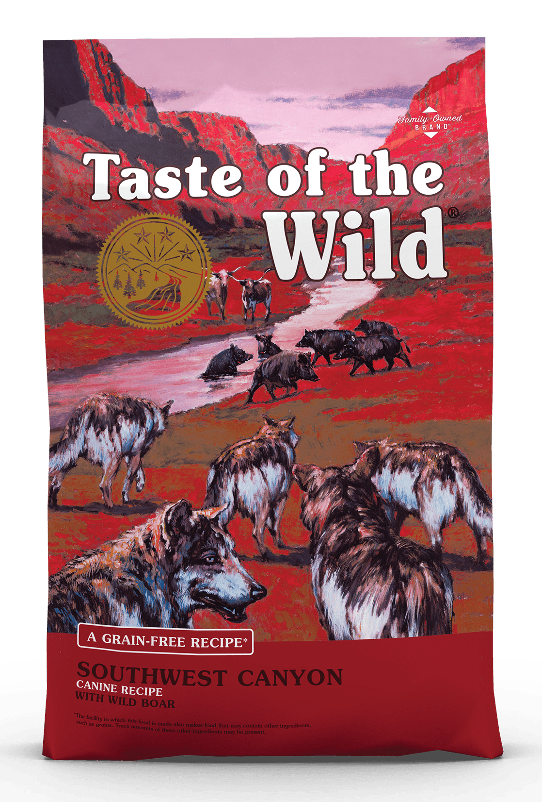Wilki i dziki w krajobrazie kanionu. Opakowanie marki "Taste of the Wild".