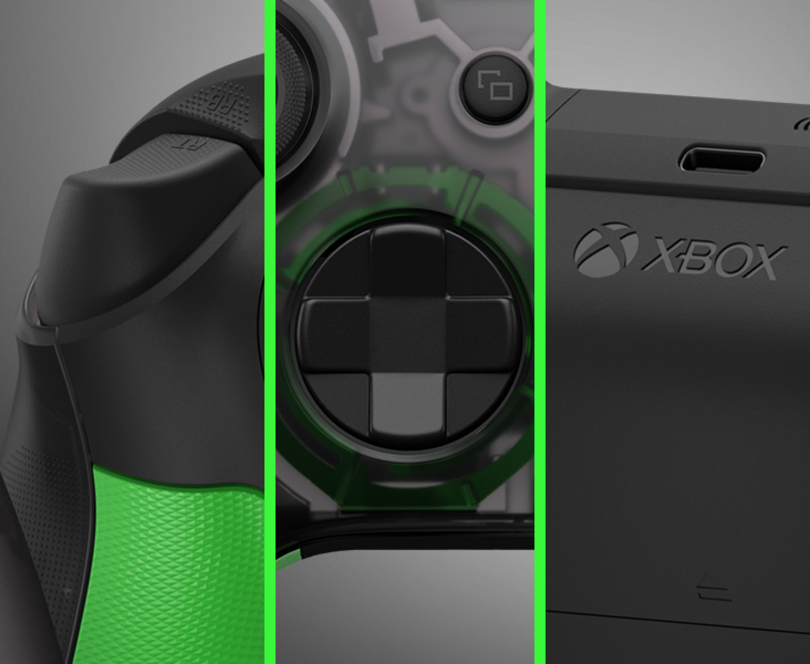 Nahaufnahme eines schwarzen Xbox-Controllers mit grünen Akzenten und dem Xbox-Logo.