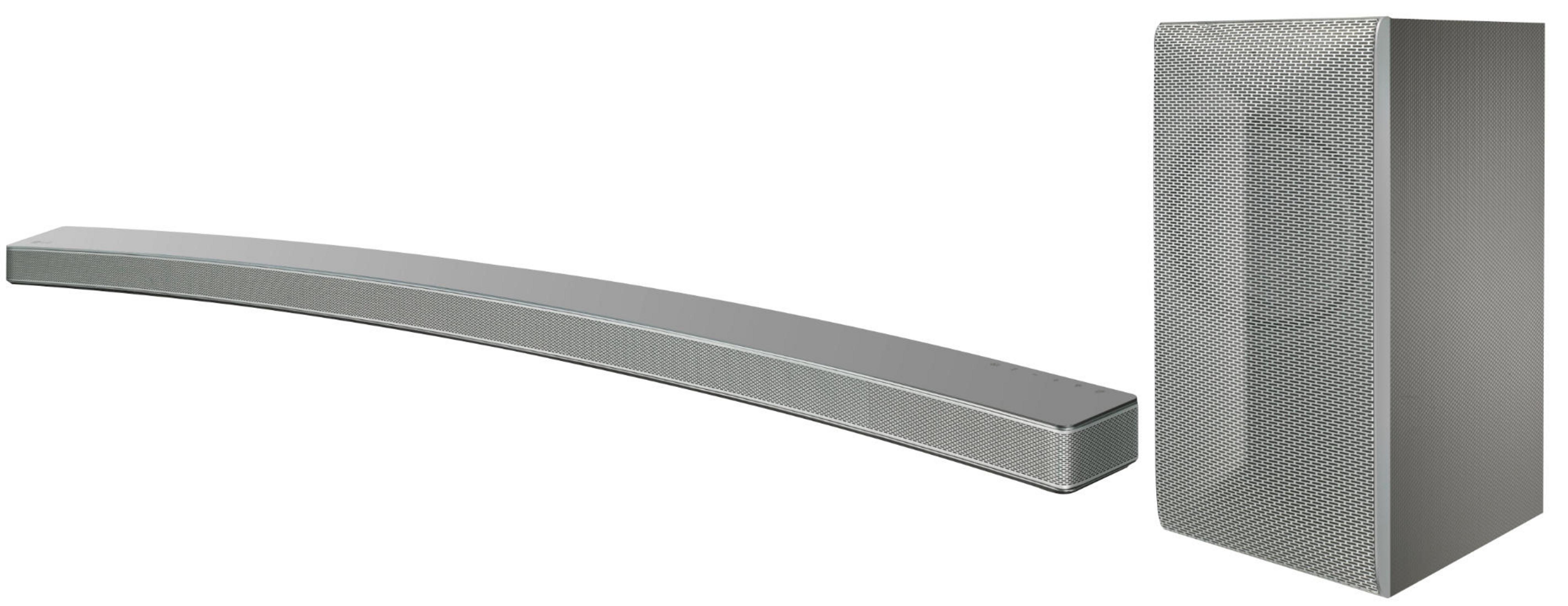 A curved silver soundbar and a subwoofer on a white background.