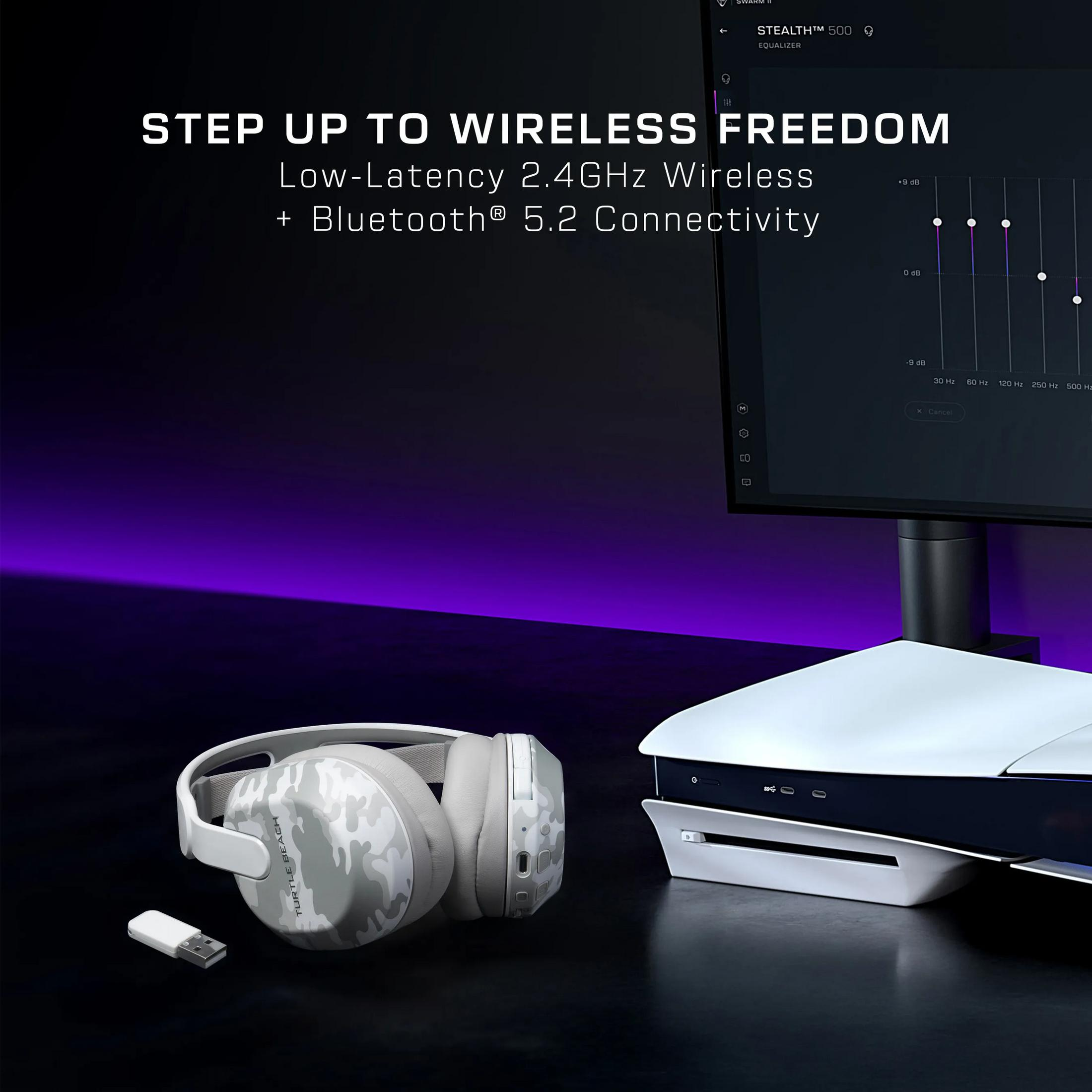 Białe słuchawki w kamuflażu z kluczem USB i konsolą do gier z oprogramowaniem korektora.