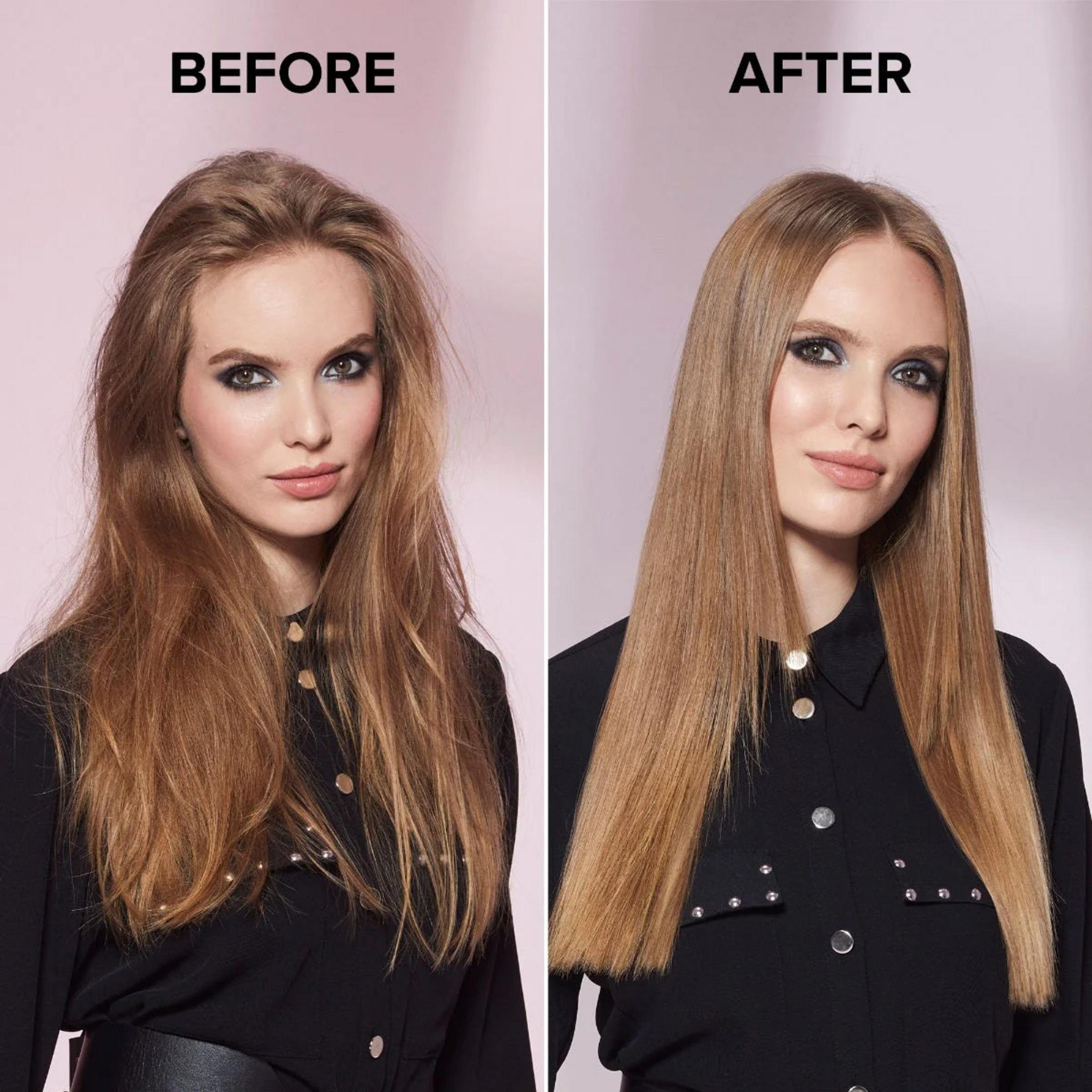 Porównanie przed i po: Kobieta z puszącymi się włosami po lewej, gładkimi po prawej.