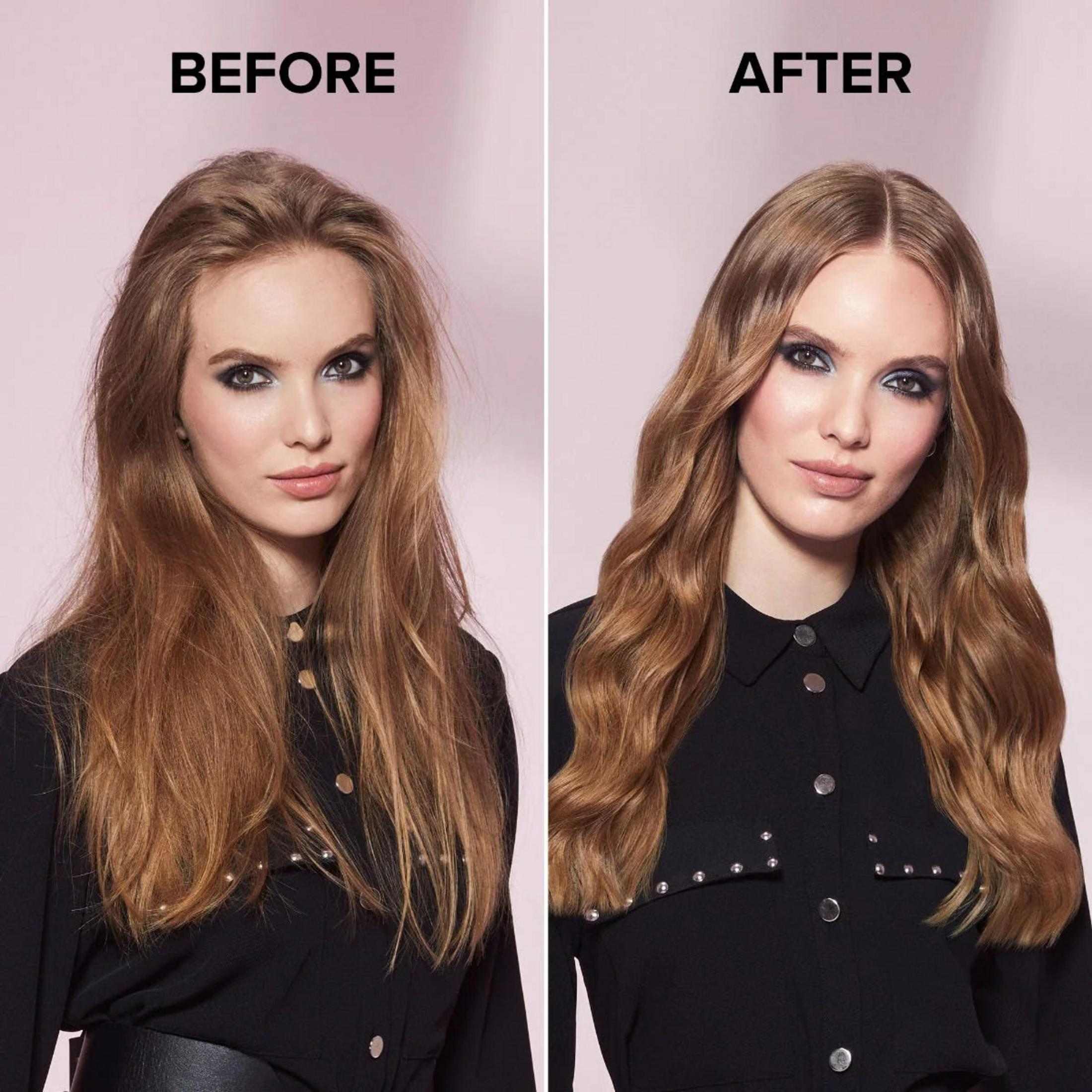 Przed: potargane włosy, po: gładkie, falowane włosy, czarne ubranie.