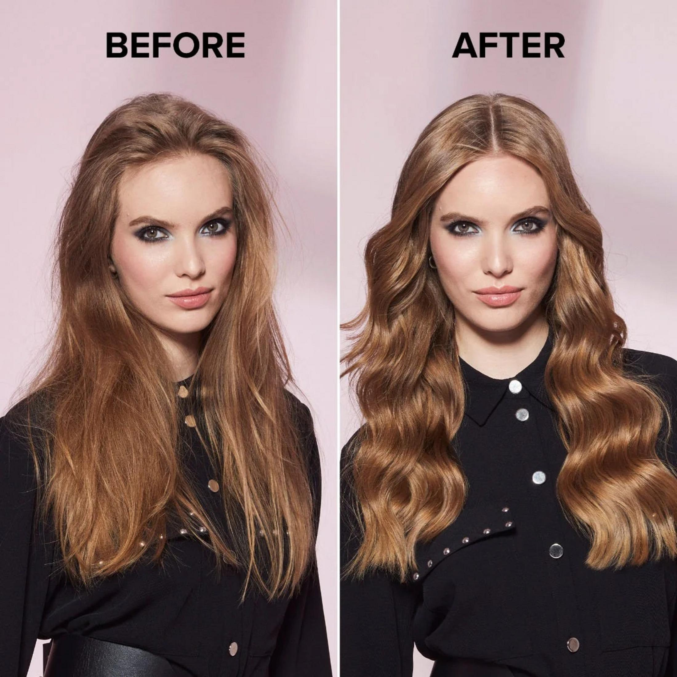 Porównanie przed/po: Kobieta z potarganymi włosami, następnie z lśniącymi, falowanymi włosami.