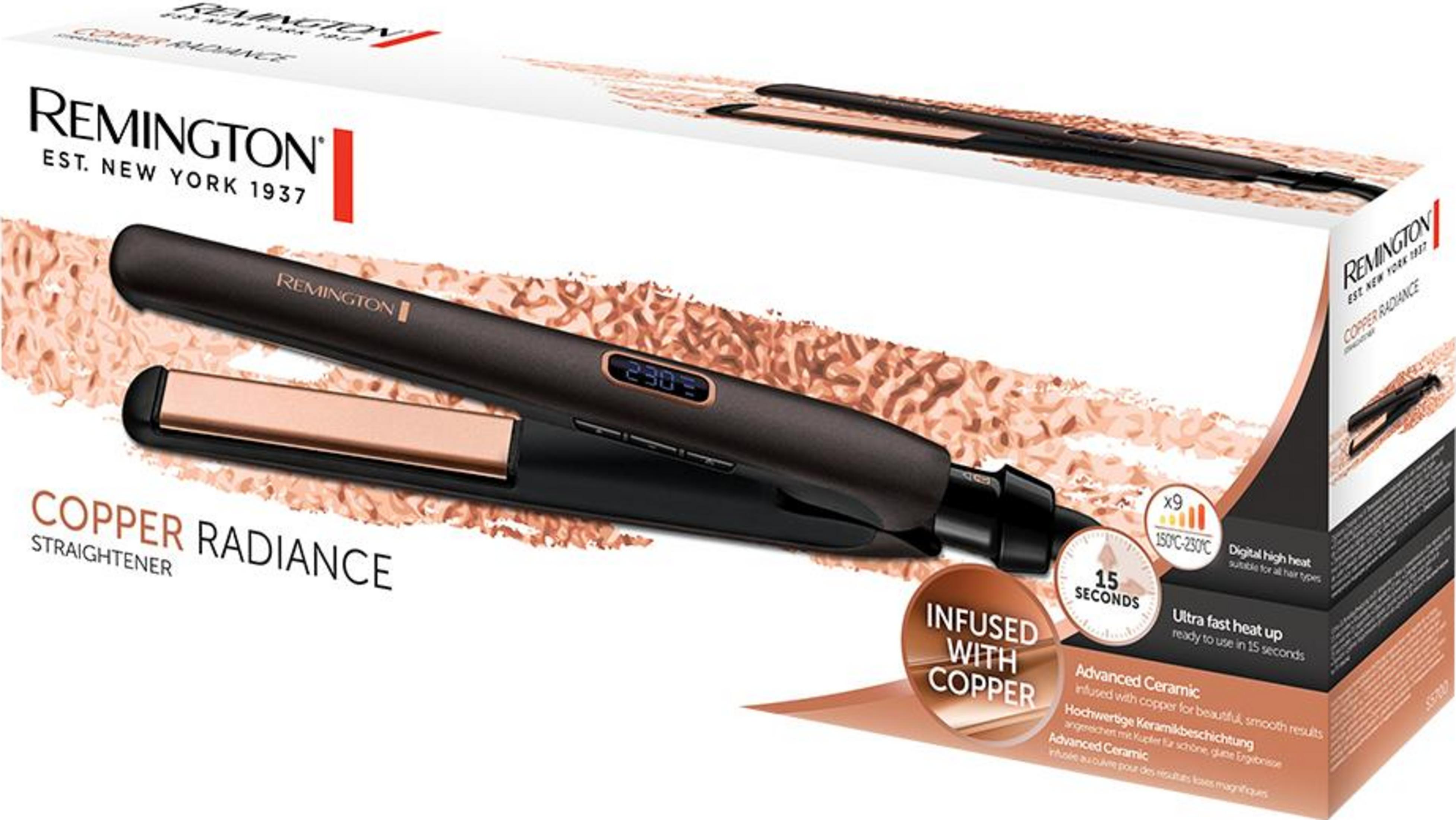 Remington Copper Radiance düzleştirici, dijital ekranlı 230°C ambalaj üzerinde.