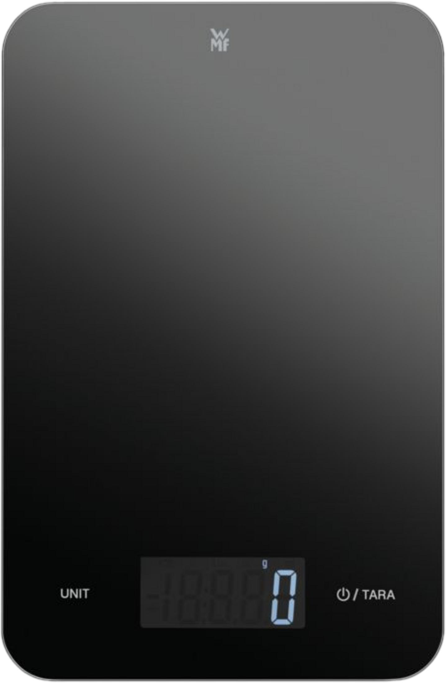 Schwarze digitale Küchenwaage mit beleuchtetem Display, das Null anzeigt.