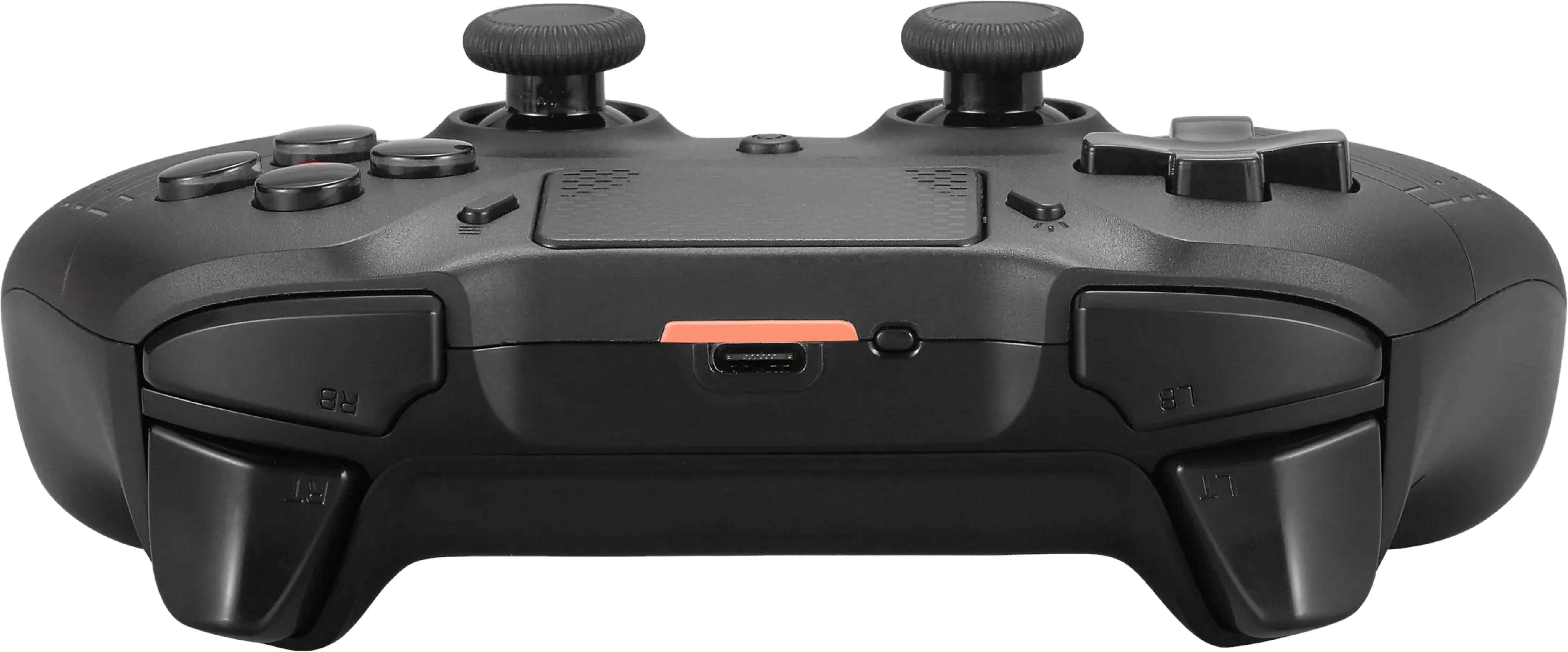 Schwarzer Gaming-Controller mit zwei Joysticks, Knöpfen und einem USB-C-Anschluss.