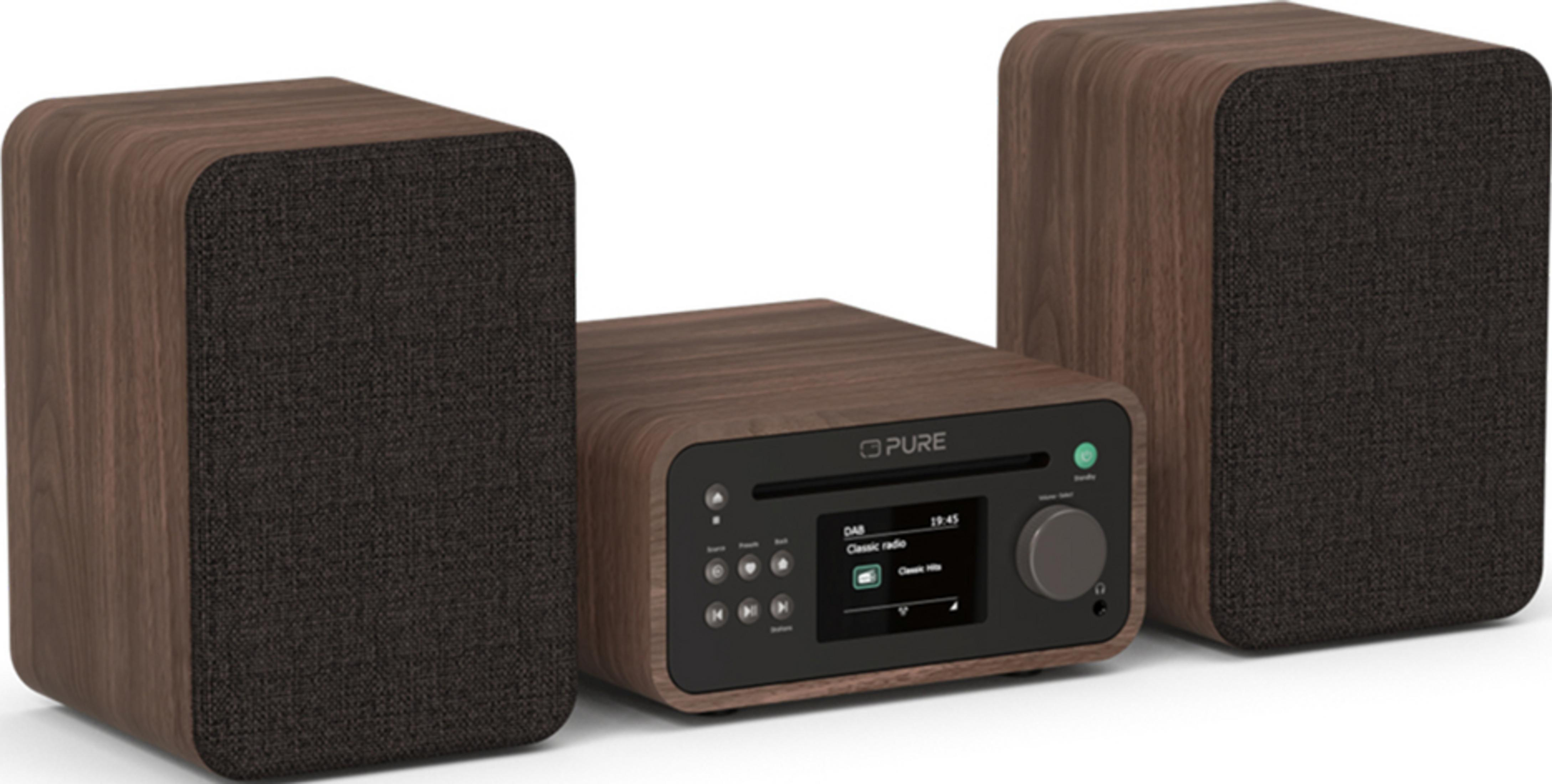 Ein Holz-Radio mit zwei Lautsprechern. Das Radio hat ein Display und Knöpfe.