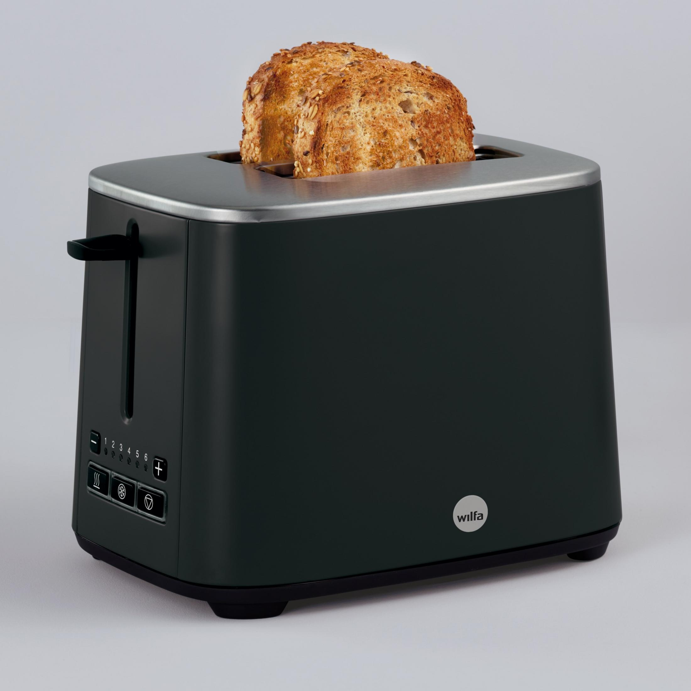 Ein dunkler Toaster mit zwei Scheiben Brot, die herausragen.