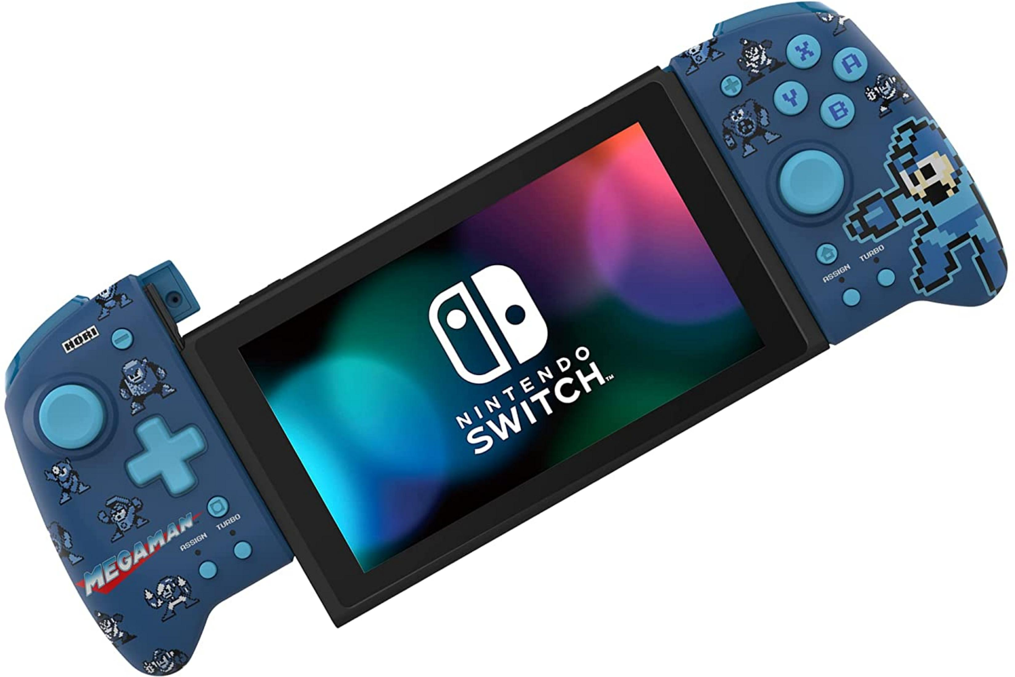 Niebieski Nintendo Switch z kontrolerami w stylu Megaman z grafiką pixel art.