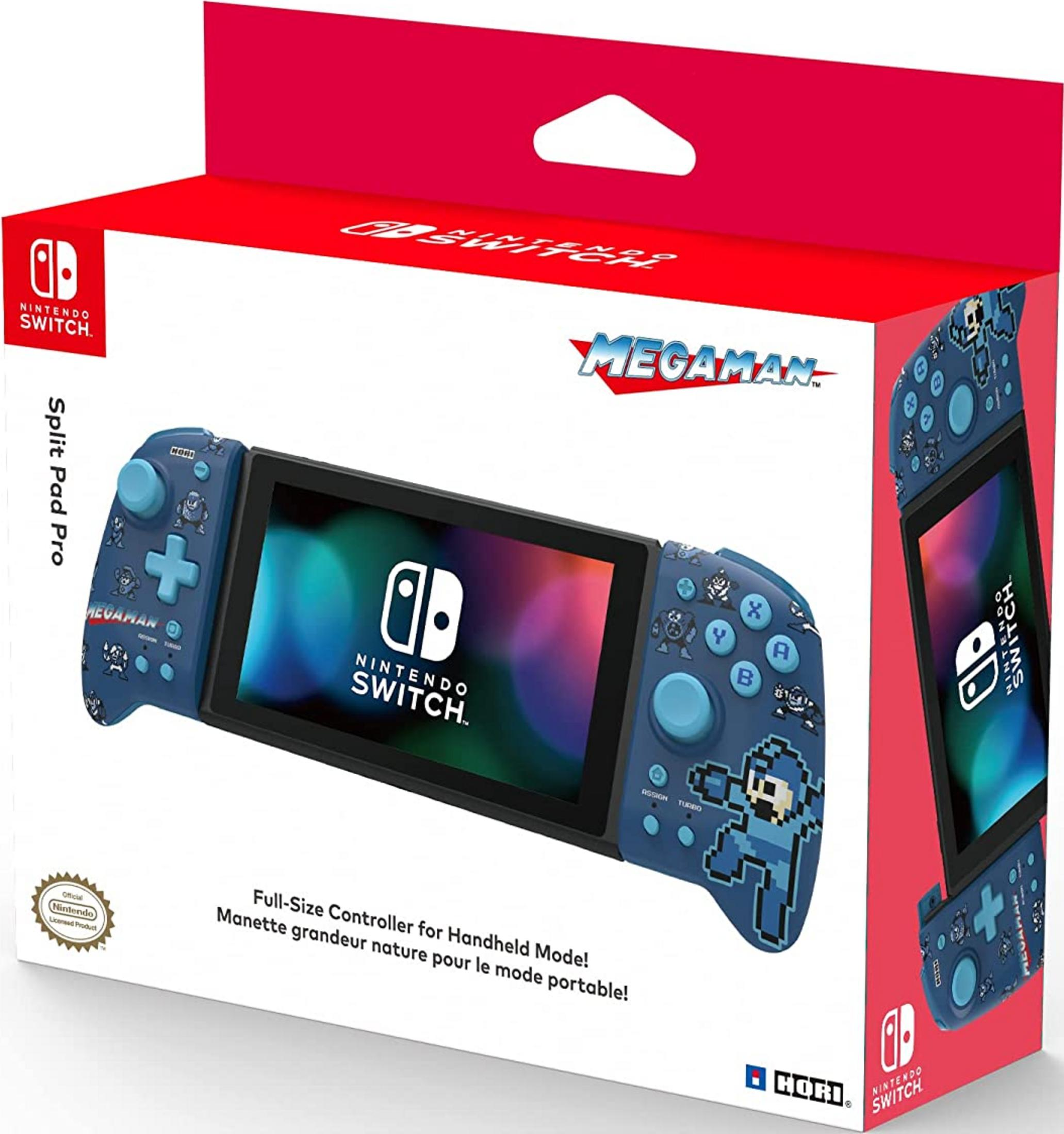 Kontroler Nintendo Switch Split Pad Pro w motywie Megaman na czerwonym pudełku.
