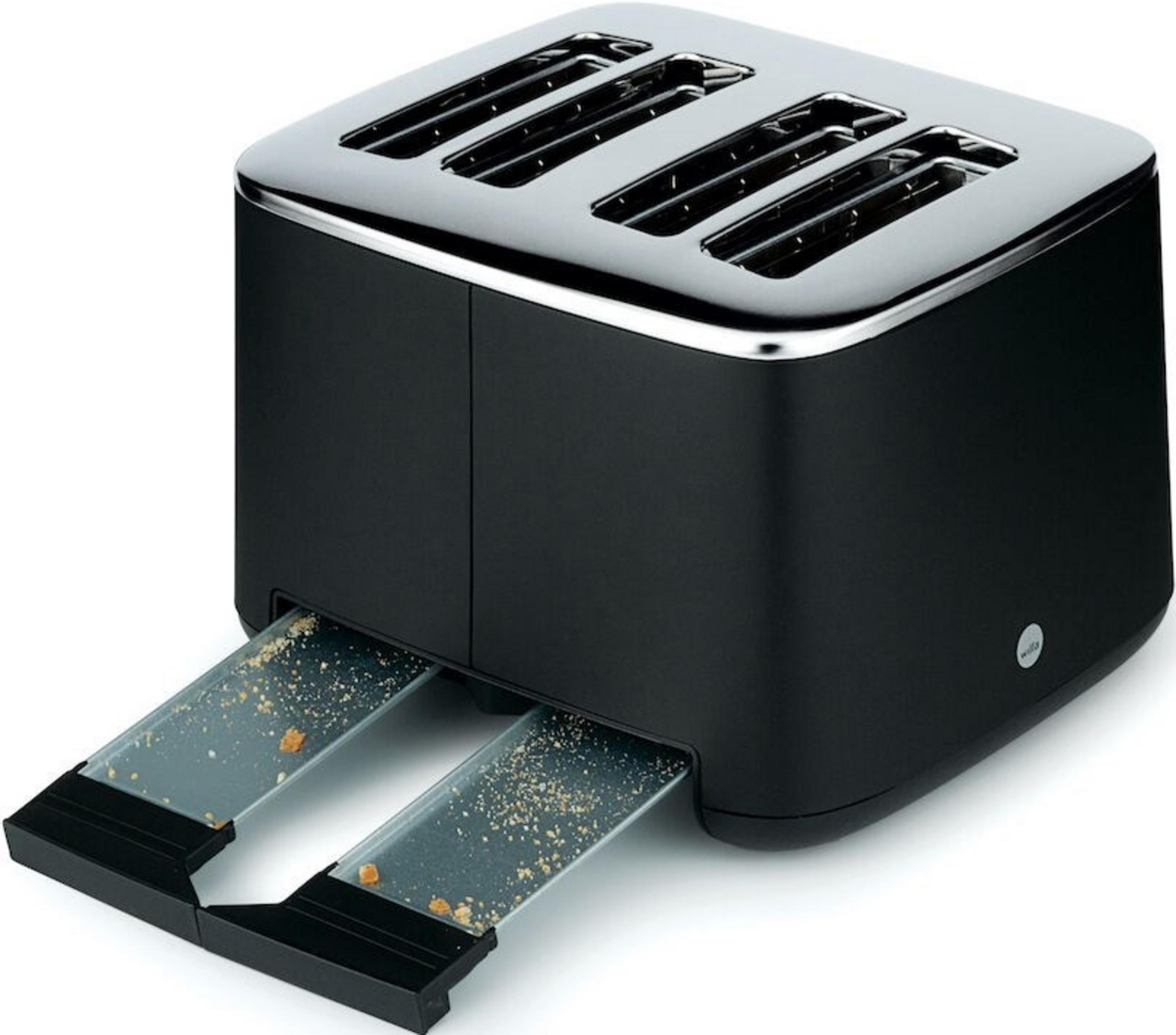 Schwarzer Toaster mit Chromoberseite und Krümelschubladen.