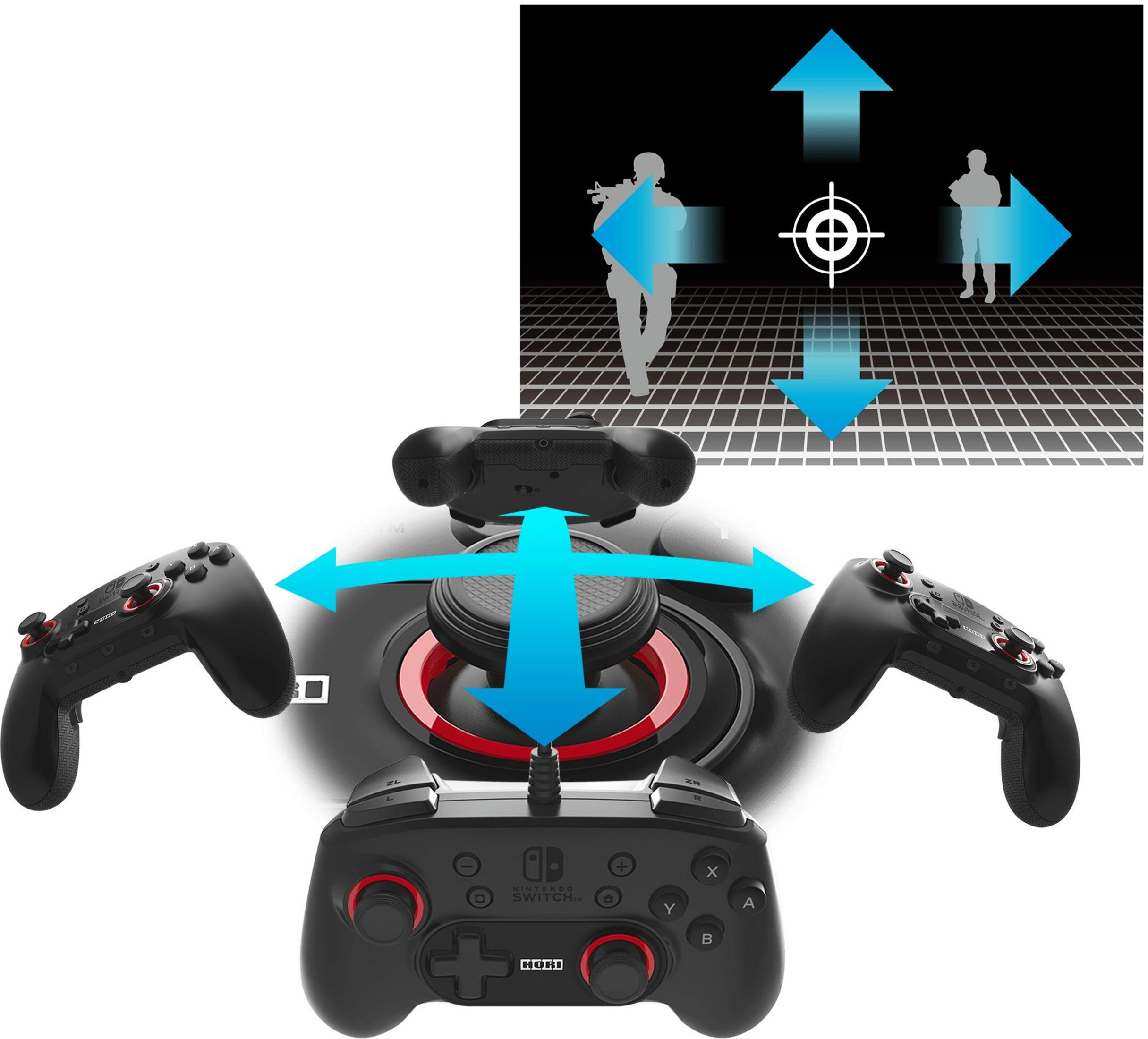 Controlador negro Nintendo Switch con acentos rojos y flechas.