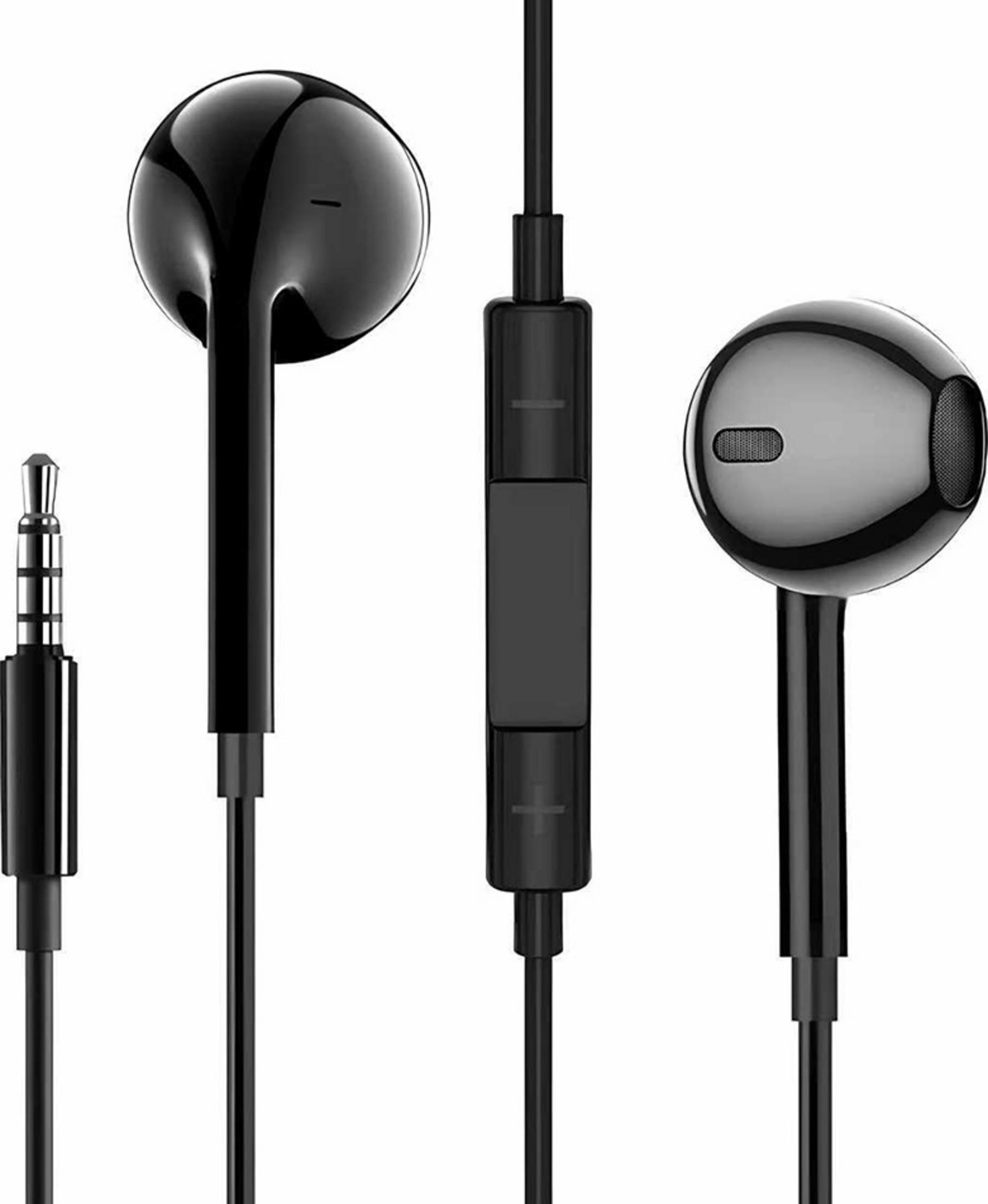 Schwarze In-Ear-Kopfhörer mit Kabel, Steuerung und 3,5-mm-Stecker.