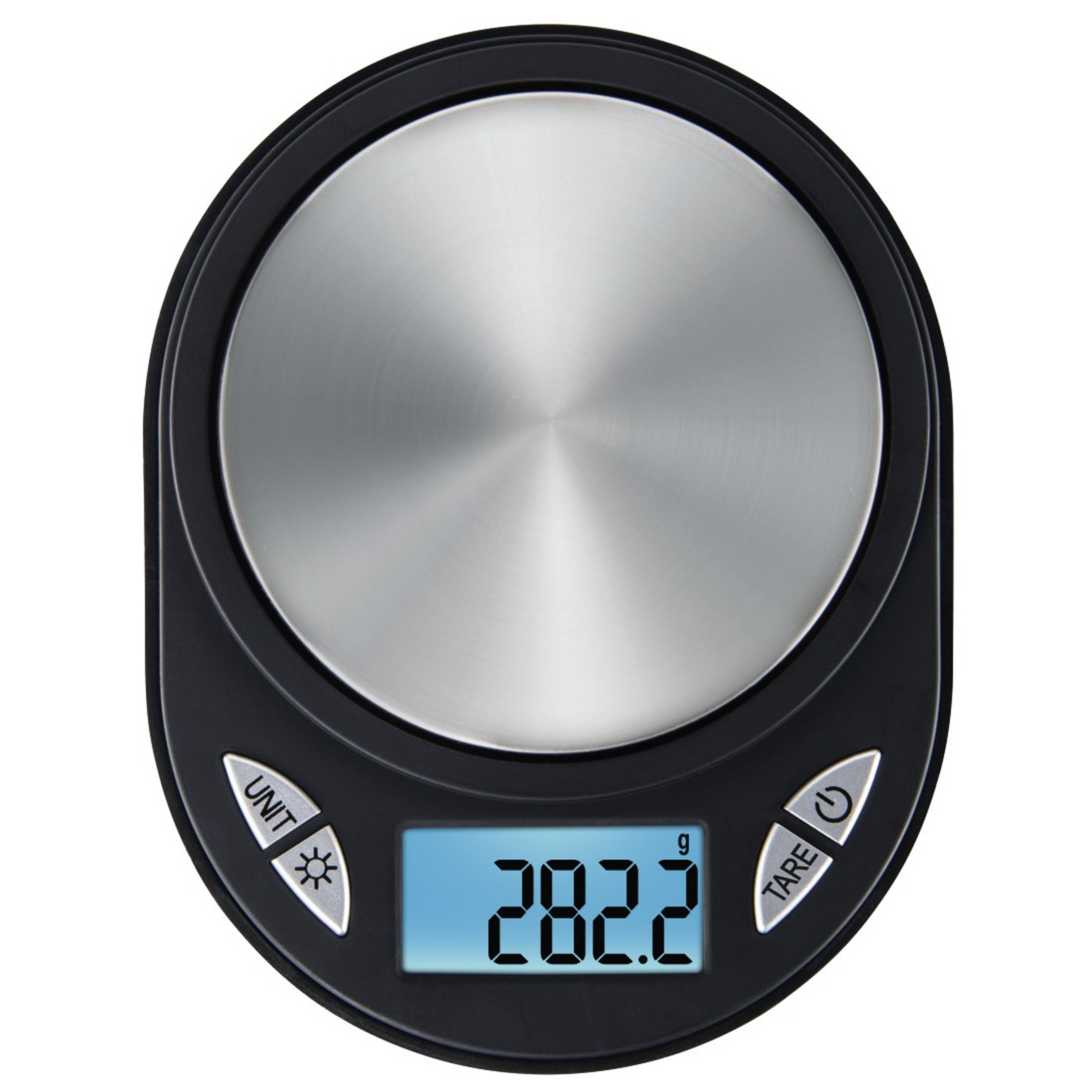 Bilancia da cucina digitale con piatto d'argento e display LCD blu che mostra 282,2 g.