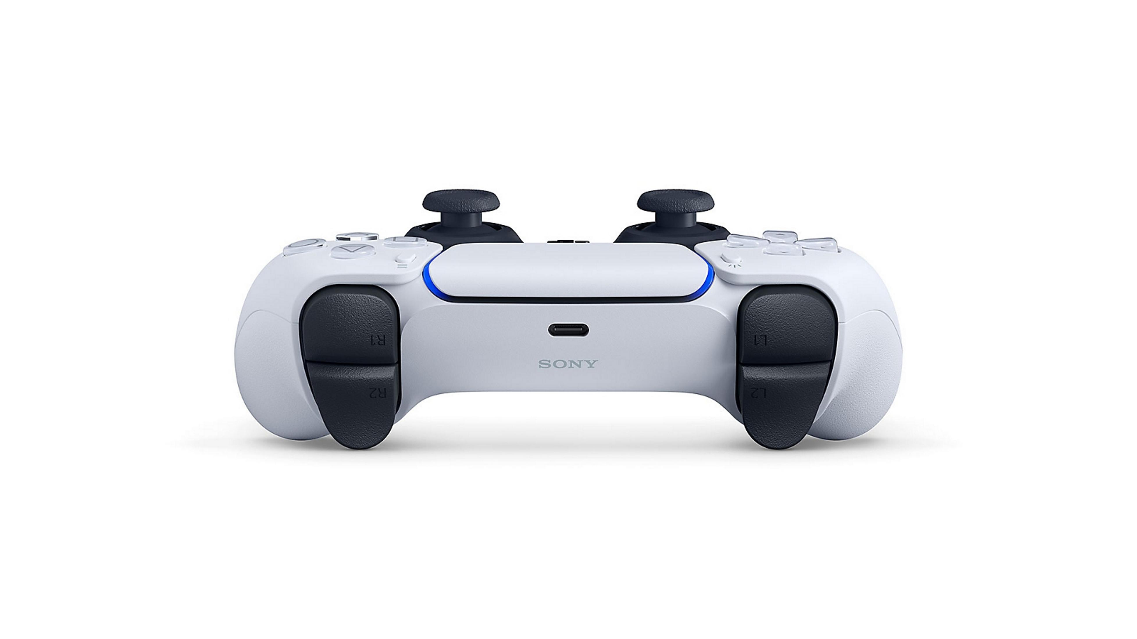 Ein weißer PlayStation 5-Controller mit schwarzen Griffen und blauen Akzenten.