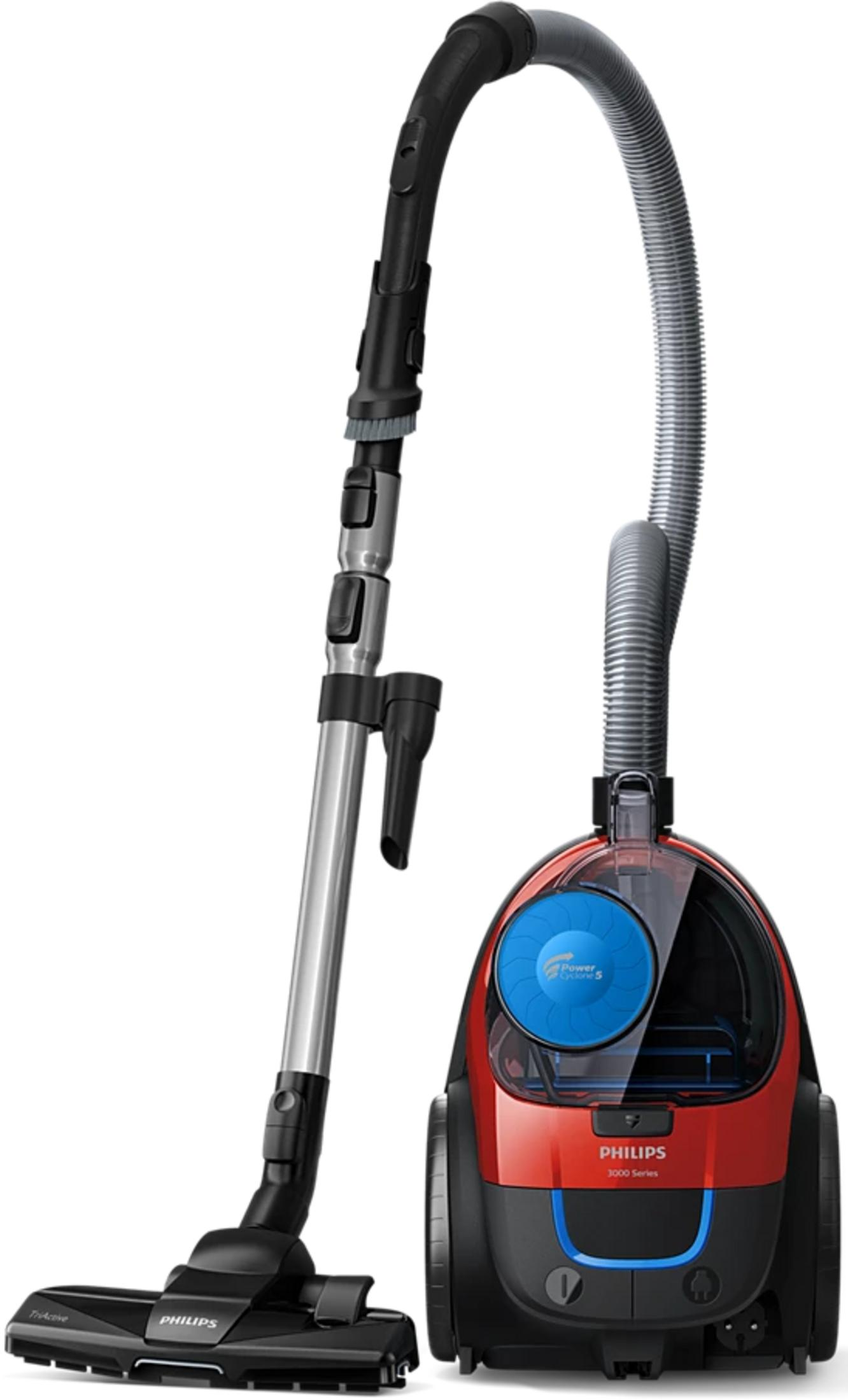 Un aspirapolvere Philips rosso con tubo argentato e base nera.