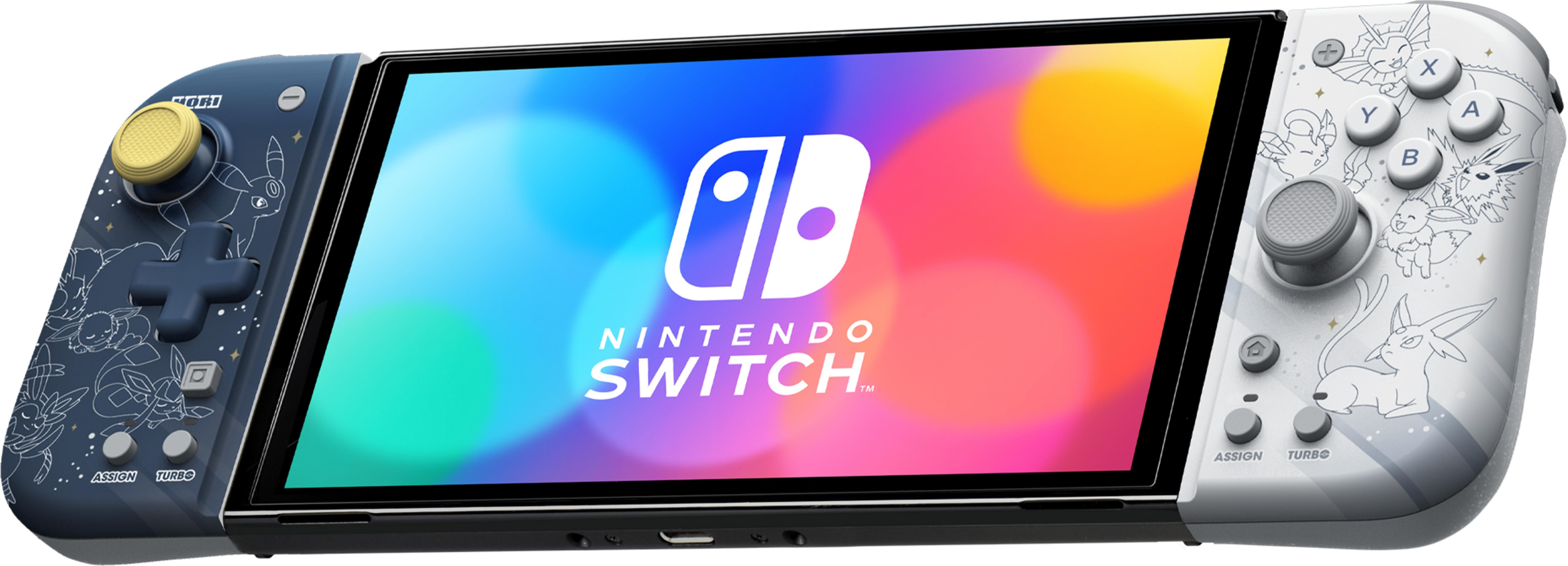 Nintendo Switch w motywie Pokémon, granatowy i biały, z ilustracjami Eevee.