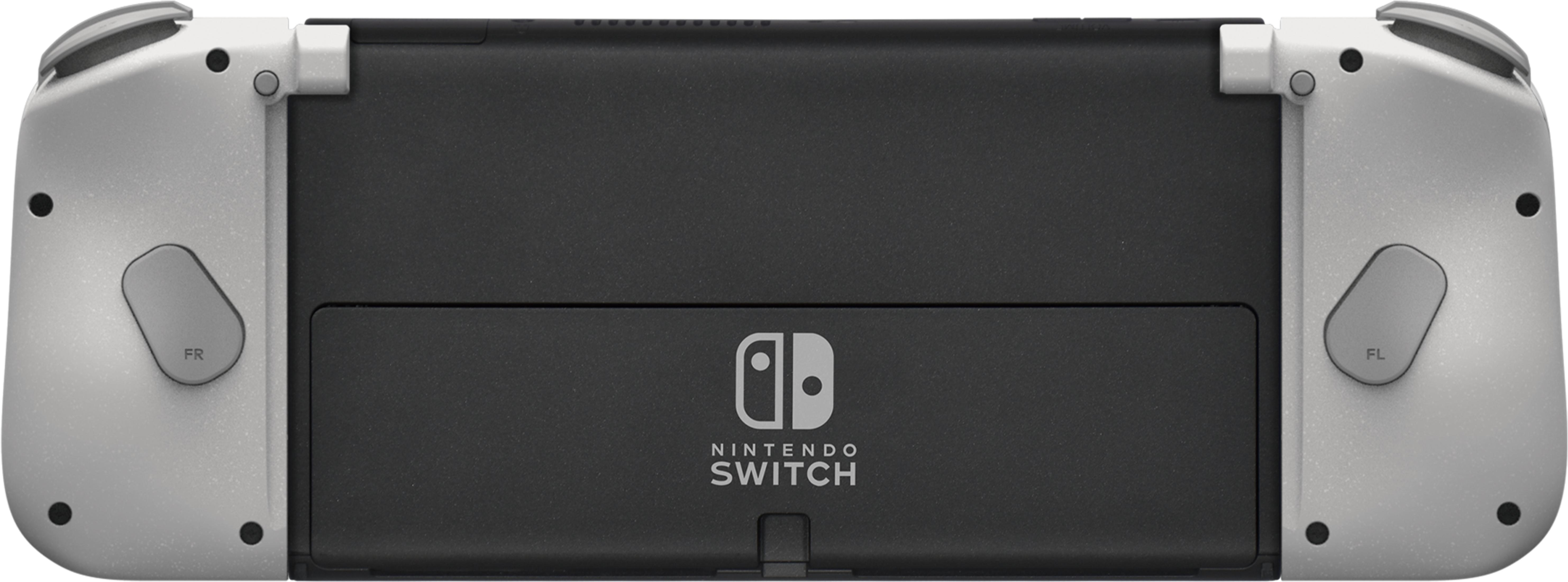 Tył szarej konsoli Nintendo Switch z czarną częścią środkową i logo.
