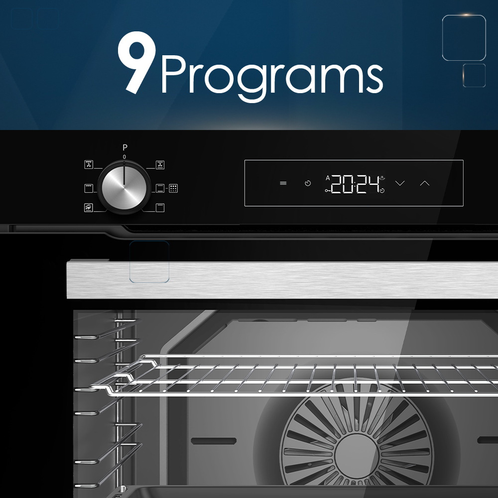 Un horno moderno con pantalla digital y mando giratorio. Se muestran 9 programas.