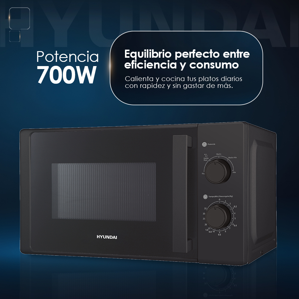 Microondas Hyundai negro de 700W con controles de potencia y tiempo.
