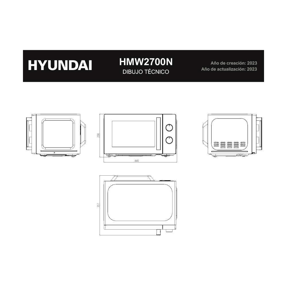 Dibujo técnico de microondas Hyundai HMW2700N, vistas frontal, lateral y superior.