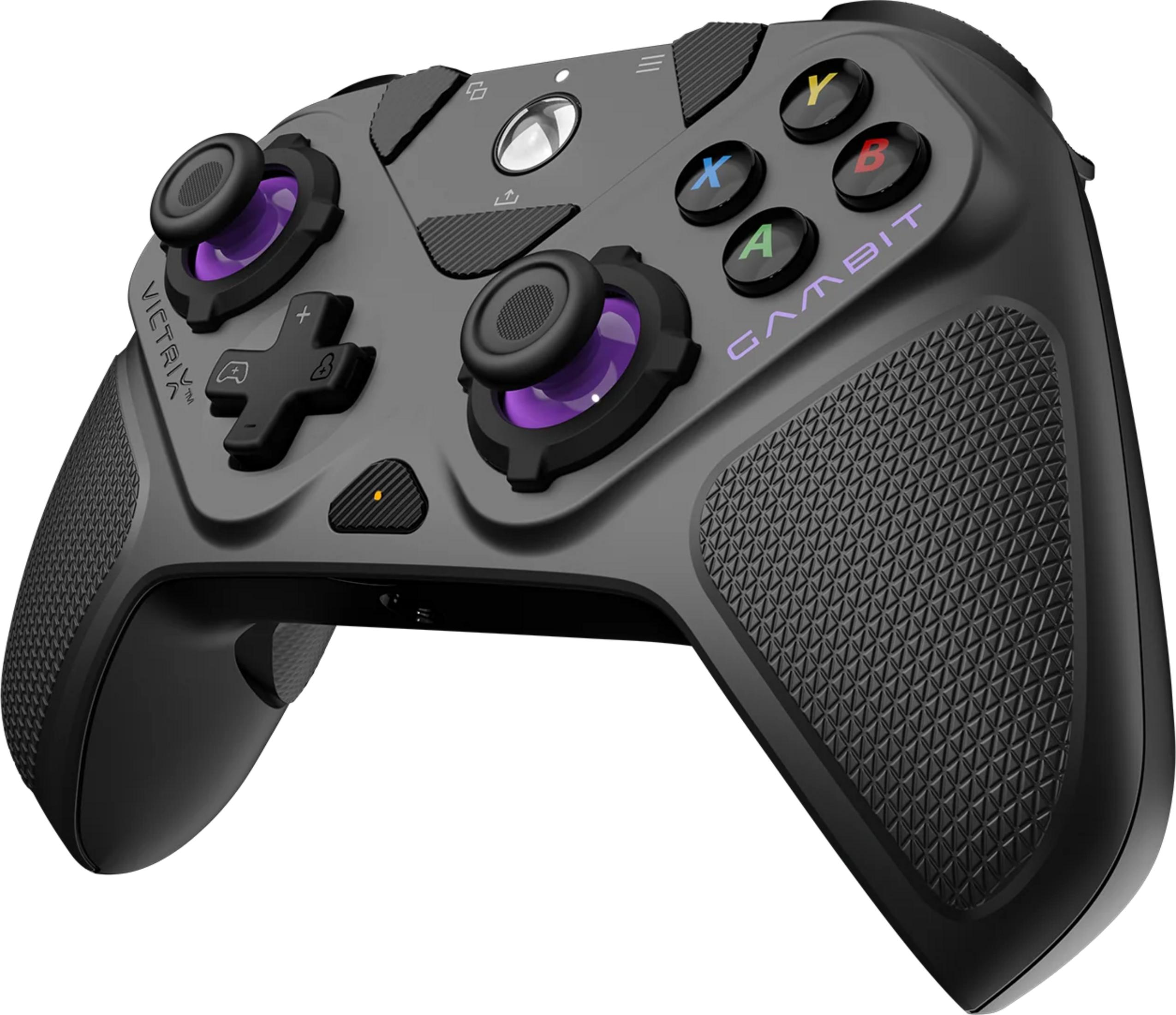 Ein grauer Gaming-Controller mit lila Akzenten und gummierten Griffen.