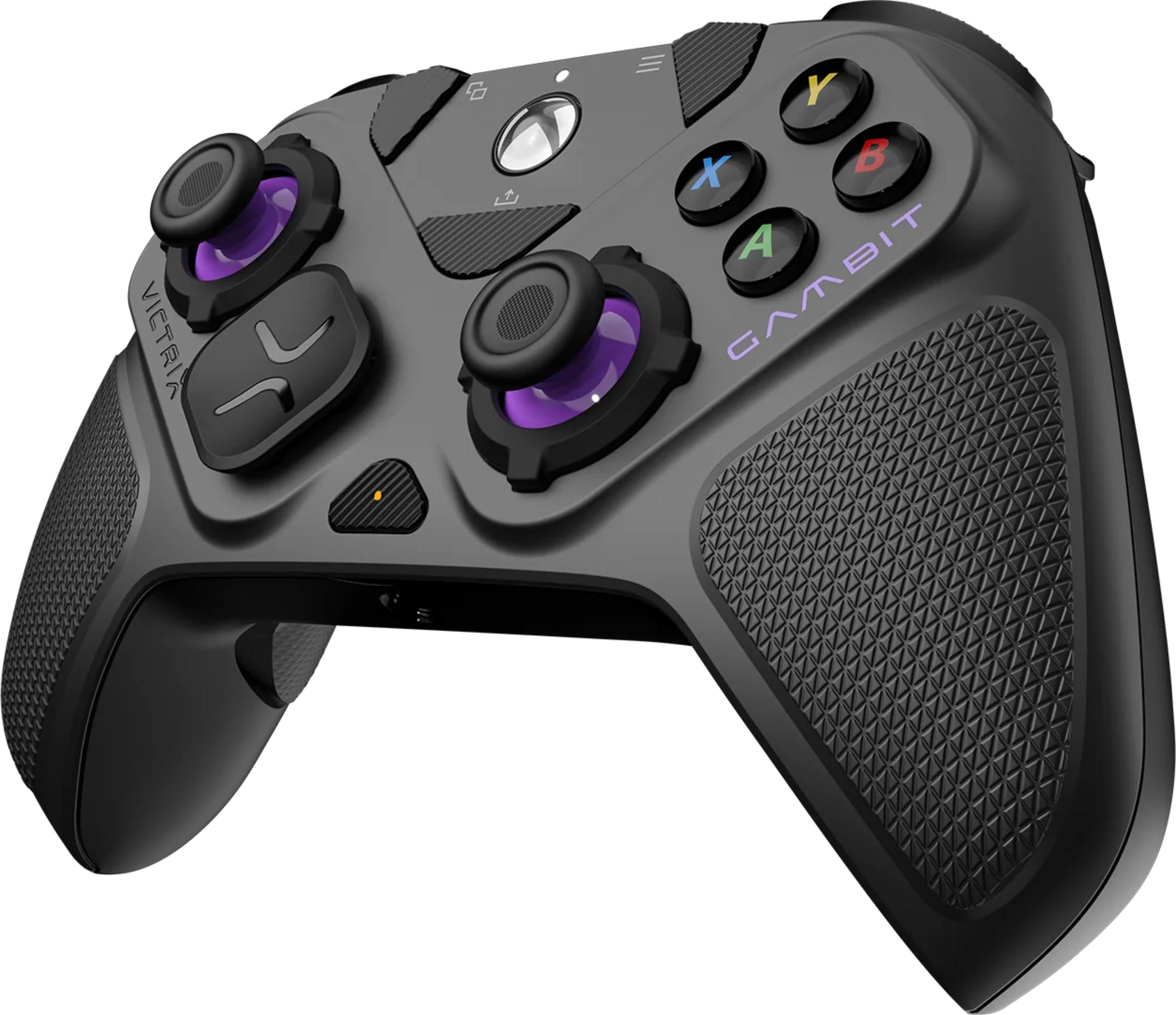 Grauer Gaming-Controller mit lila Akzenten und taktilen Griffen.