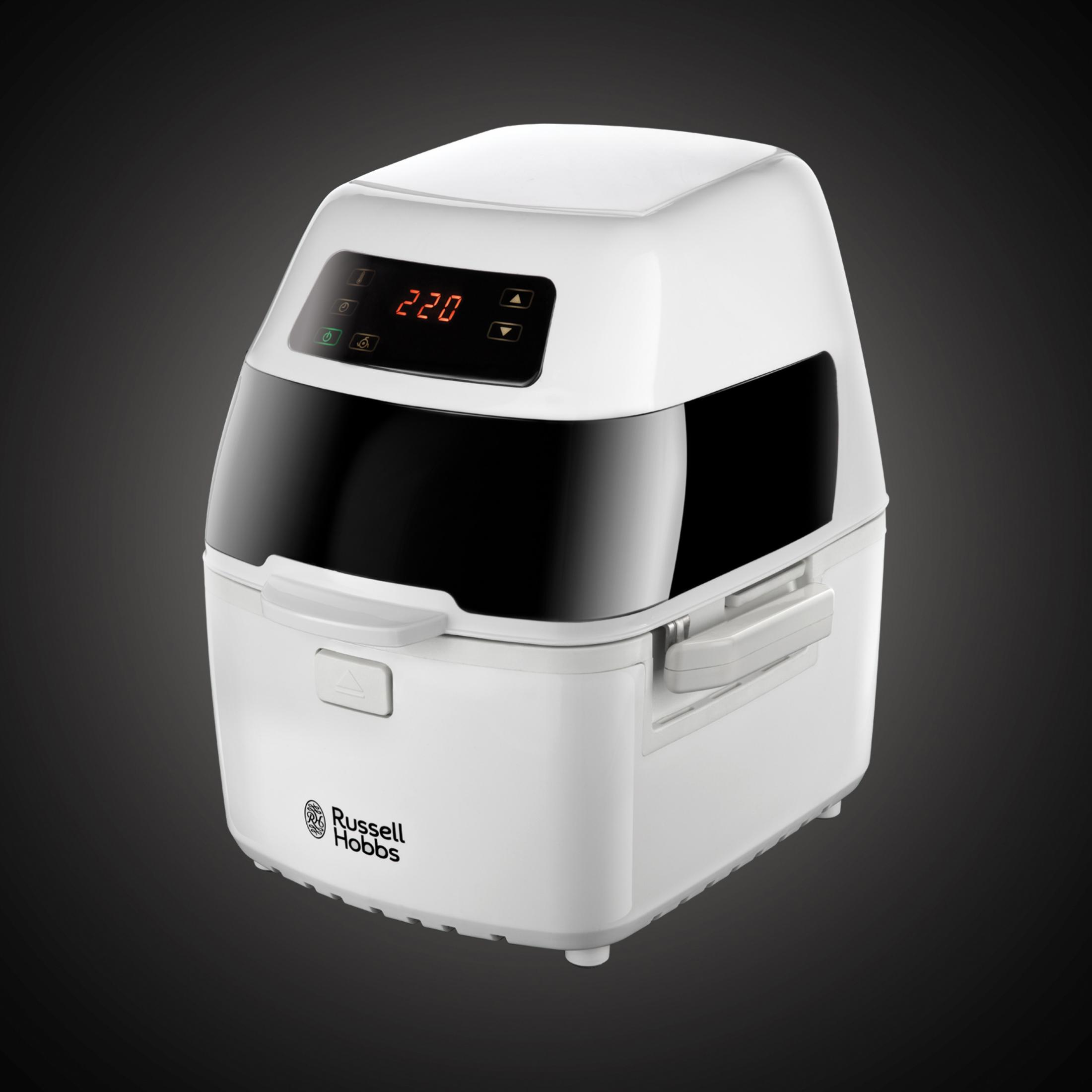 Ein weißer Russell Hobbs Heißluftfritteuse mit digitaler Anzeige von 220 Grad.