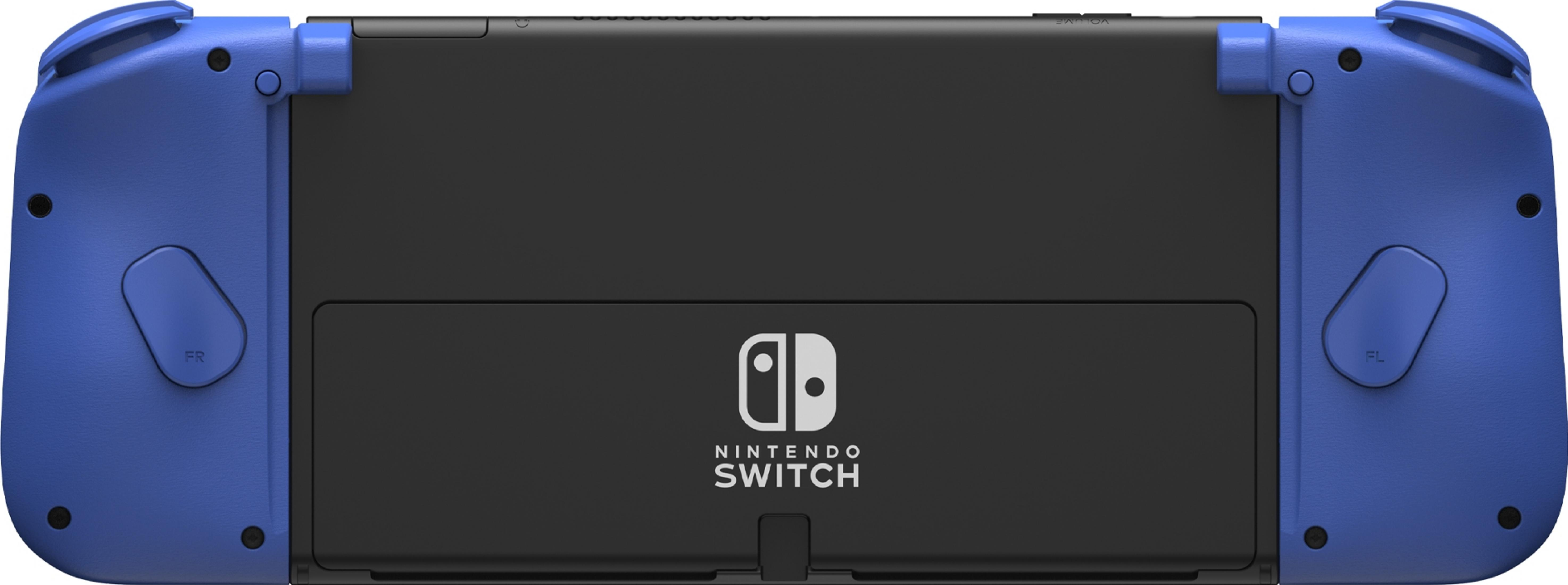 Rückseite der Nintendo Switch mit blauen Griffen und schwarzem Mittelteil.