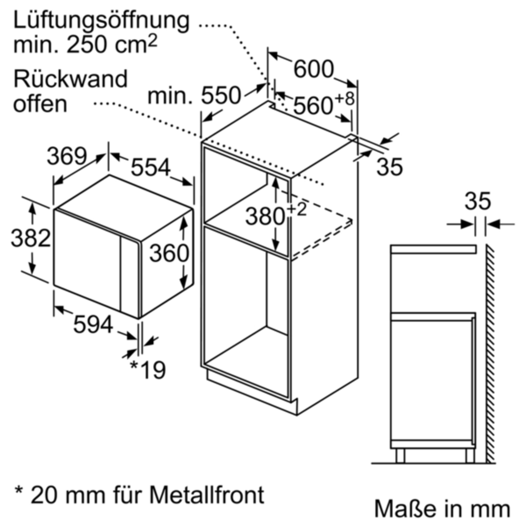 Disegno tecnico con dimensioni per elettrodomestici da incasso, apertura di ventilazione e parete posteriore.