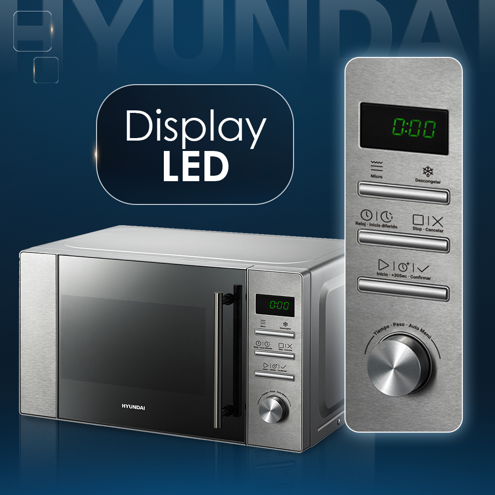 Un microondas Hyundai plateado con pantalla LED y panel de control.