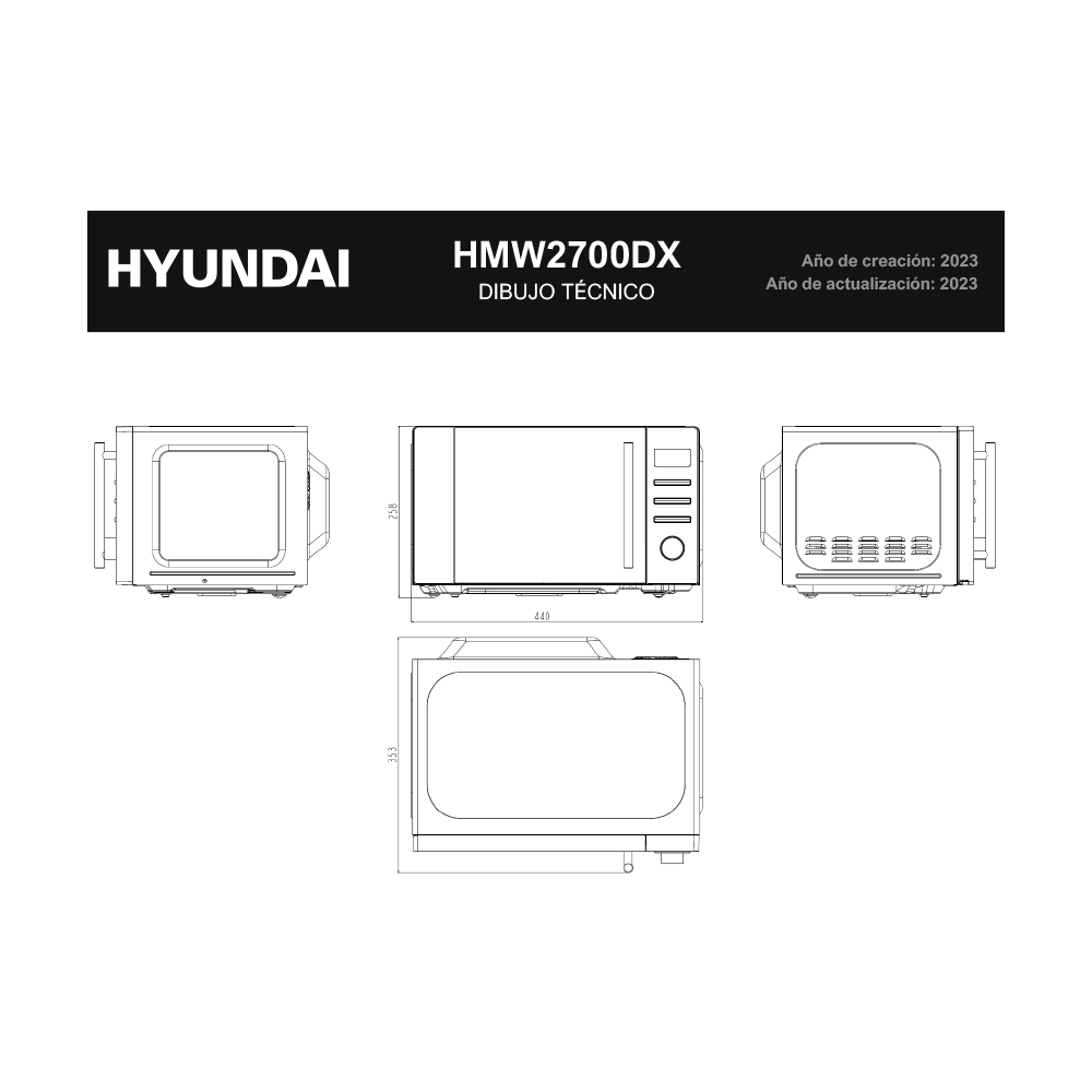 Dibujo técnico de un microondas HYUNDAI HMW2700DX.