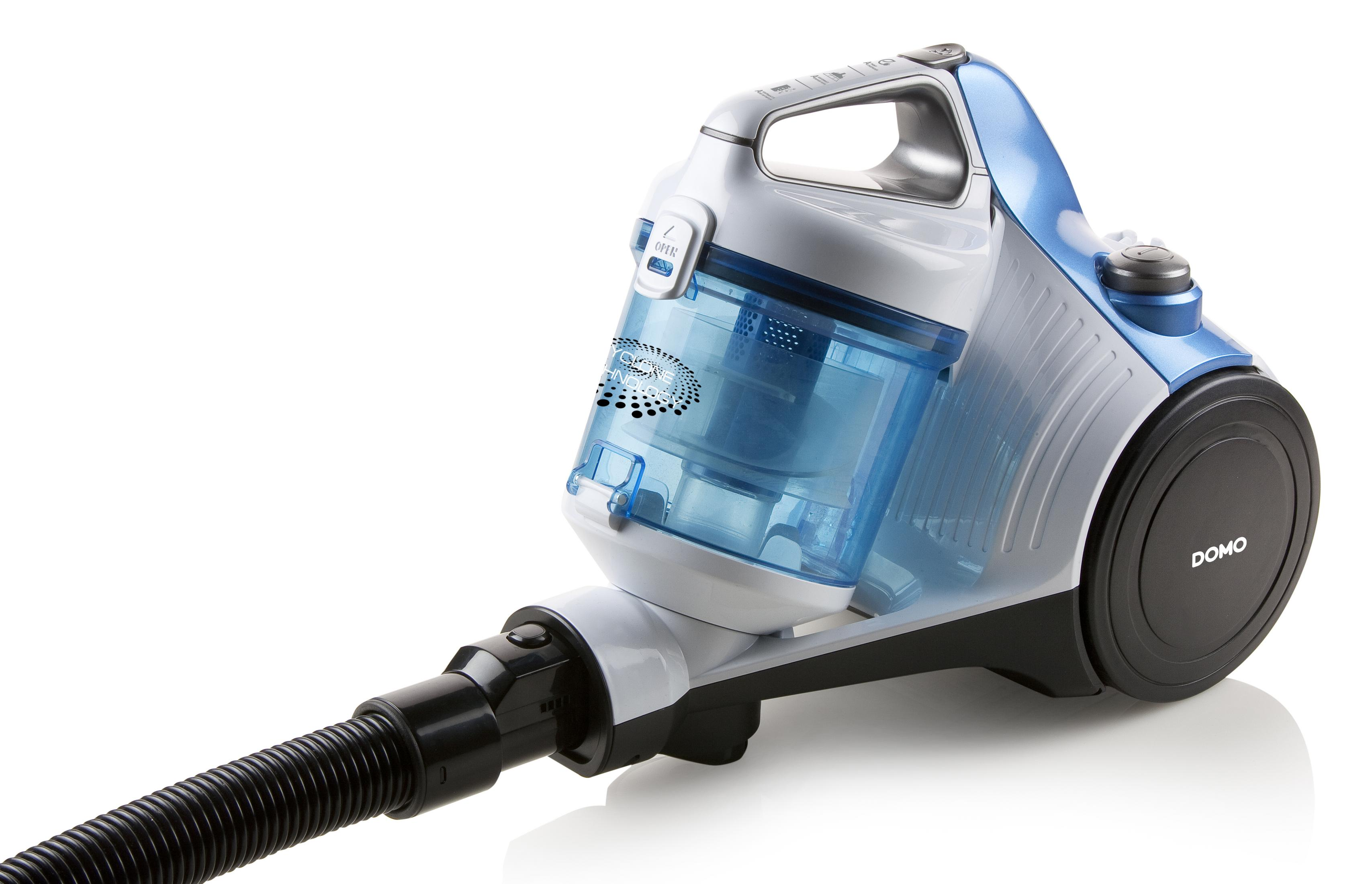 Niebiesko-biały odkurzacz z przezroczystym pojemnikiem i podłączonym czarnym wężem.