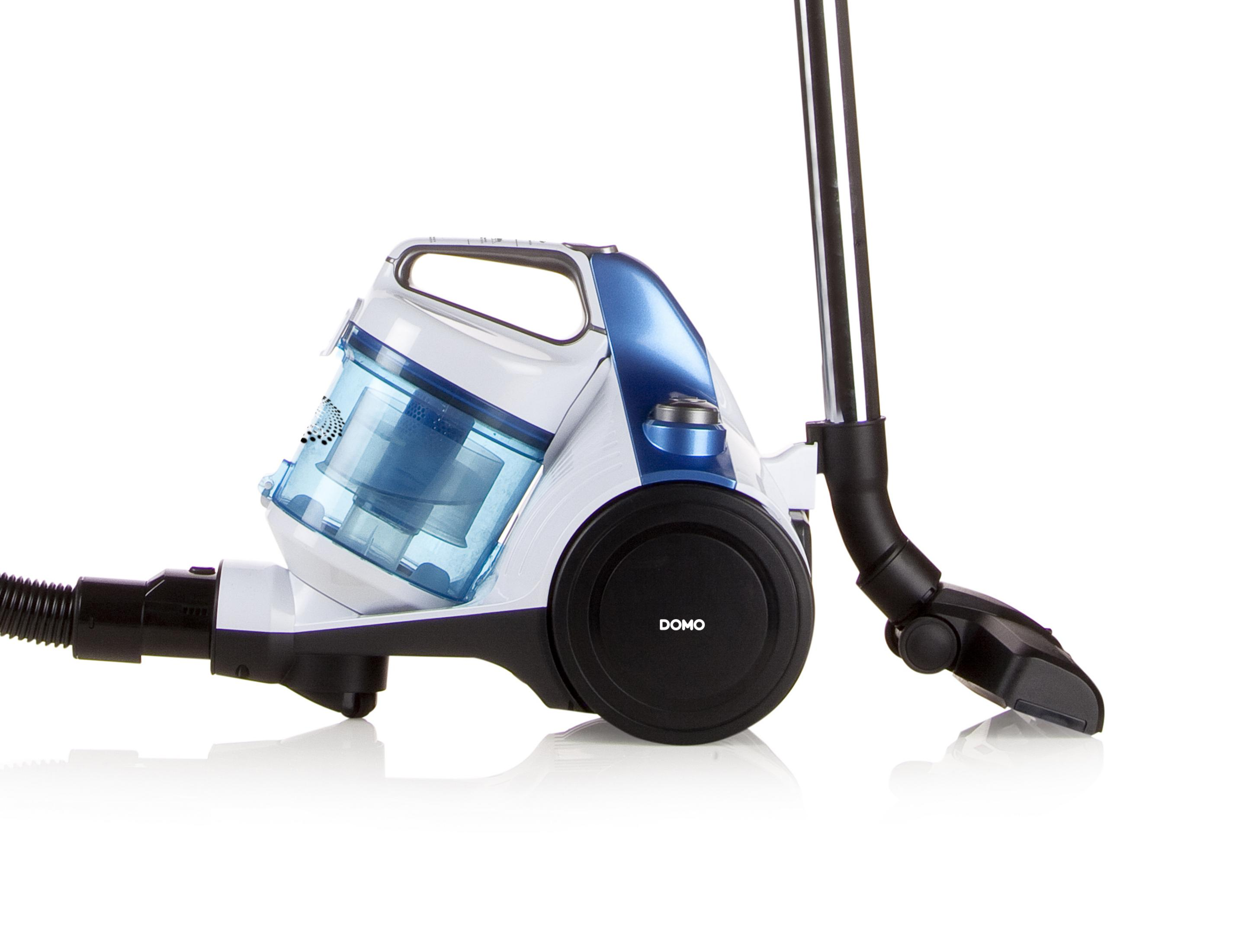 Biało-niebieski odkurzacz Domo z przezroczystym pojemnikiem i akcesoriami.