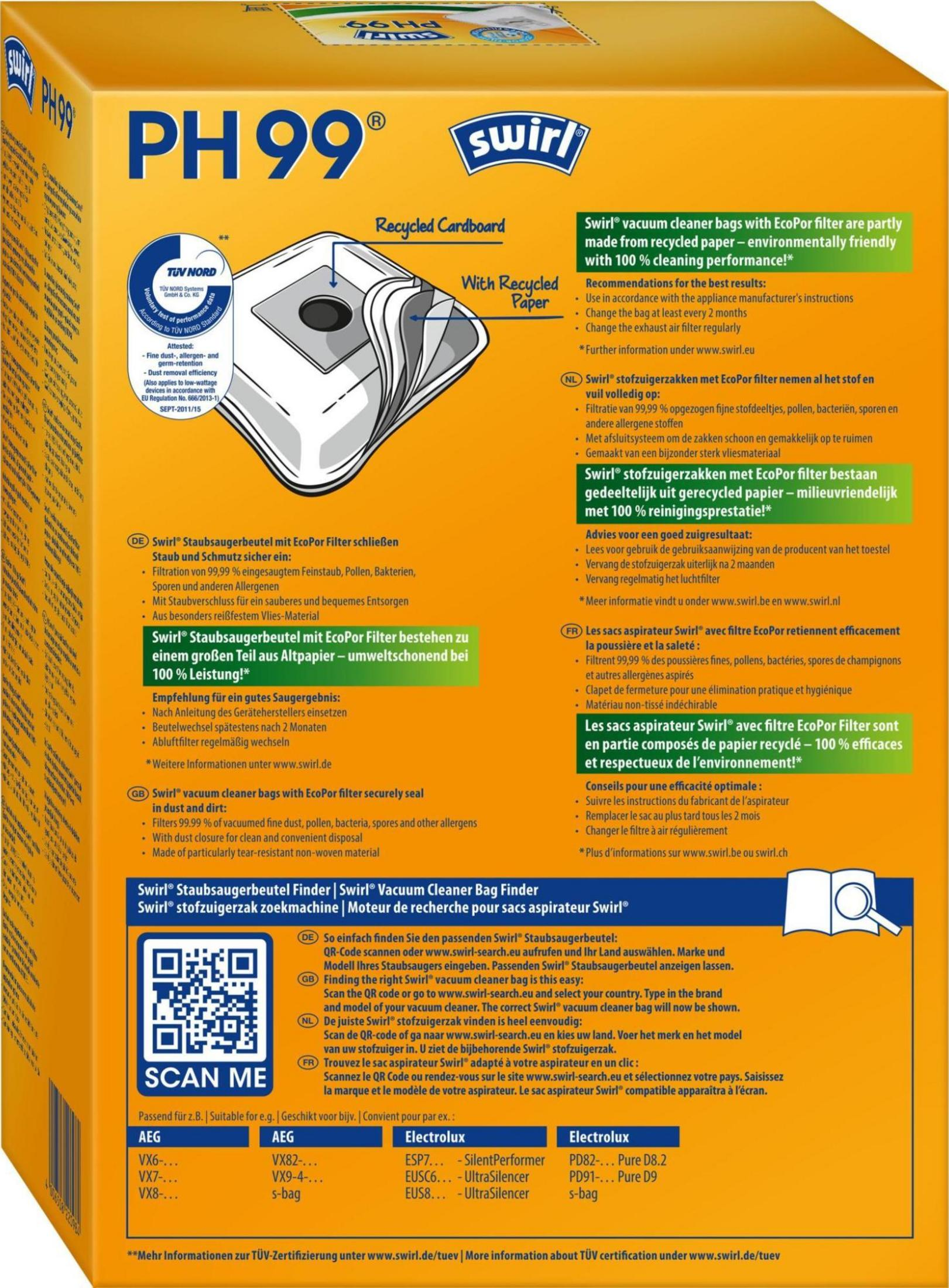 Swirl PH99 Staubsaugerbeutelpackung mit Informationen und Illustrationen.