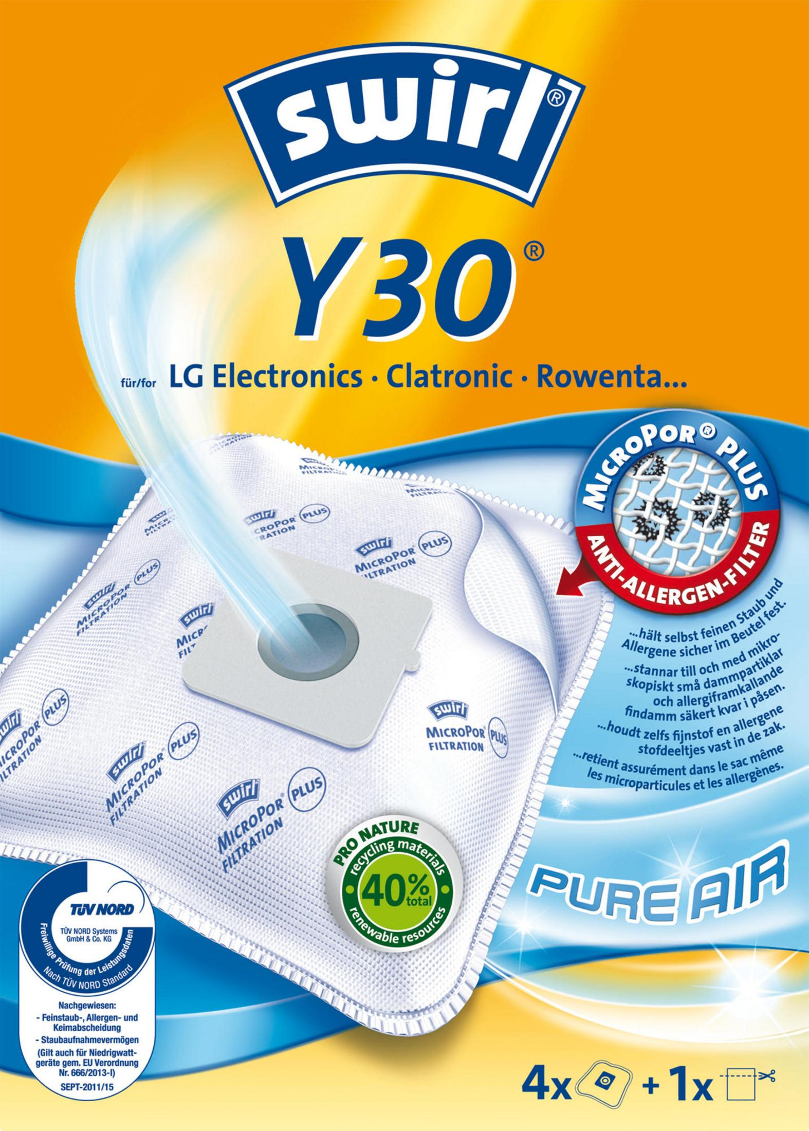 Swirl Y30 Staubsaugerbeutel mit "MicroPor Plus" Anti-Allergen-Filter. 4x Beutel + 1x Filter.