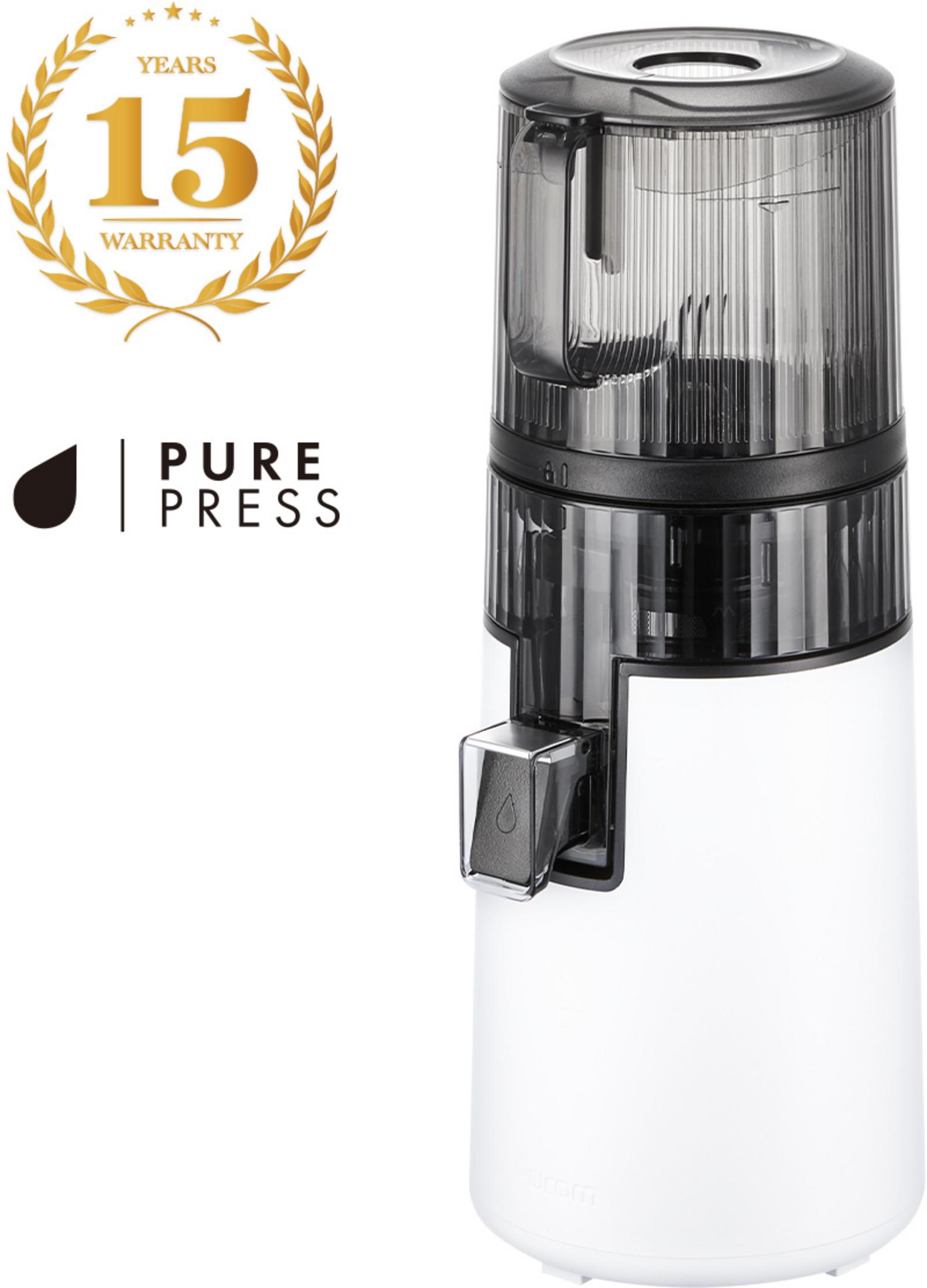 Un estrattore di succo bianco con contenitore trasparente e logo PURE PRESS.