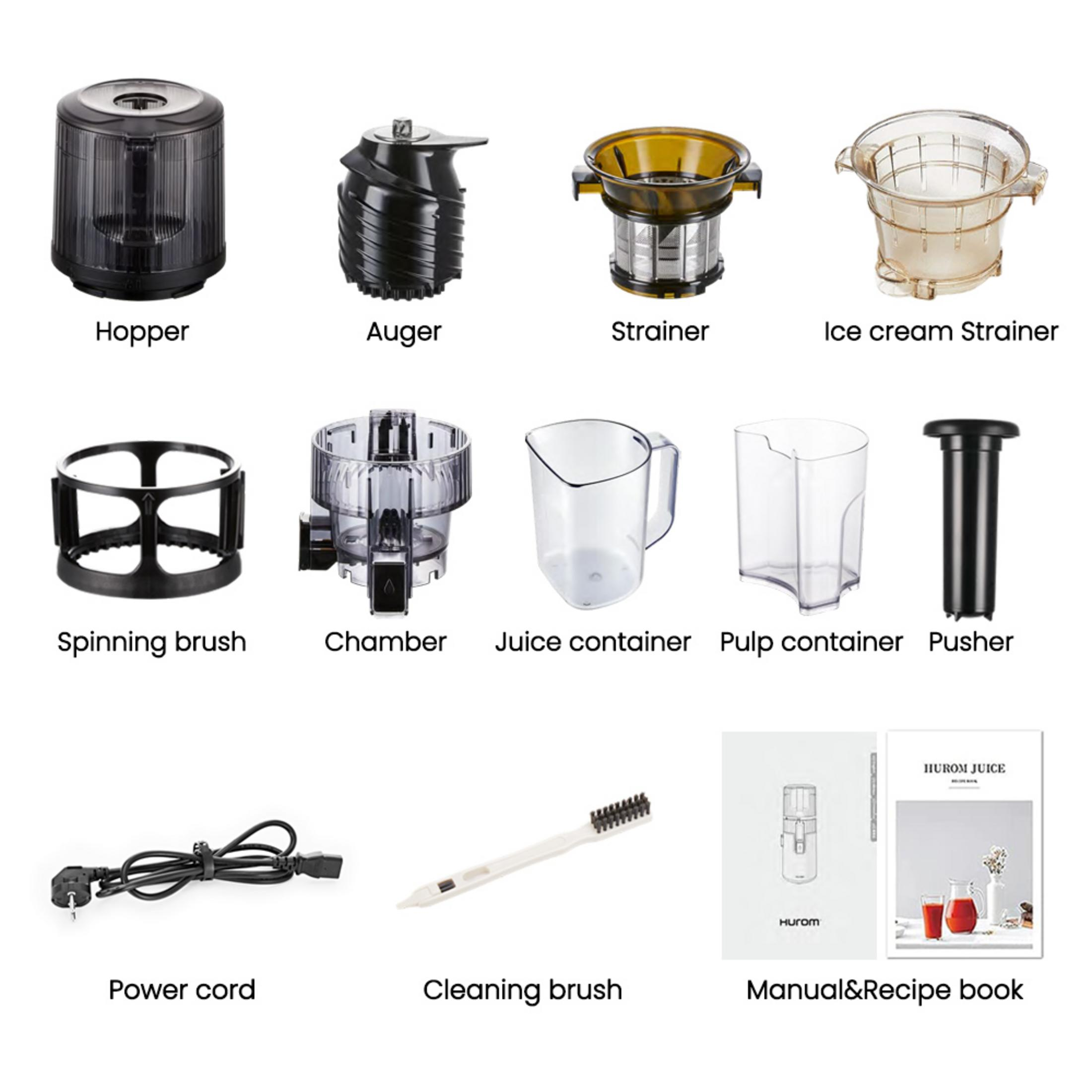 Accessori spremiagrumi: tramoggia, coclea, filtro, filtro gelato, spazzola, camera, contenitore succo, contenitore polpa, pressino, cavo, spazzola, manuale.