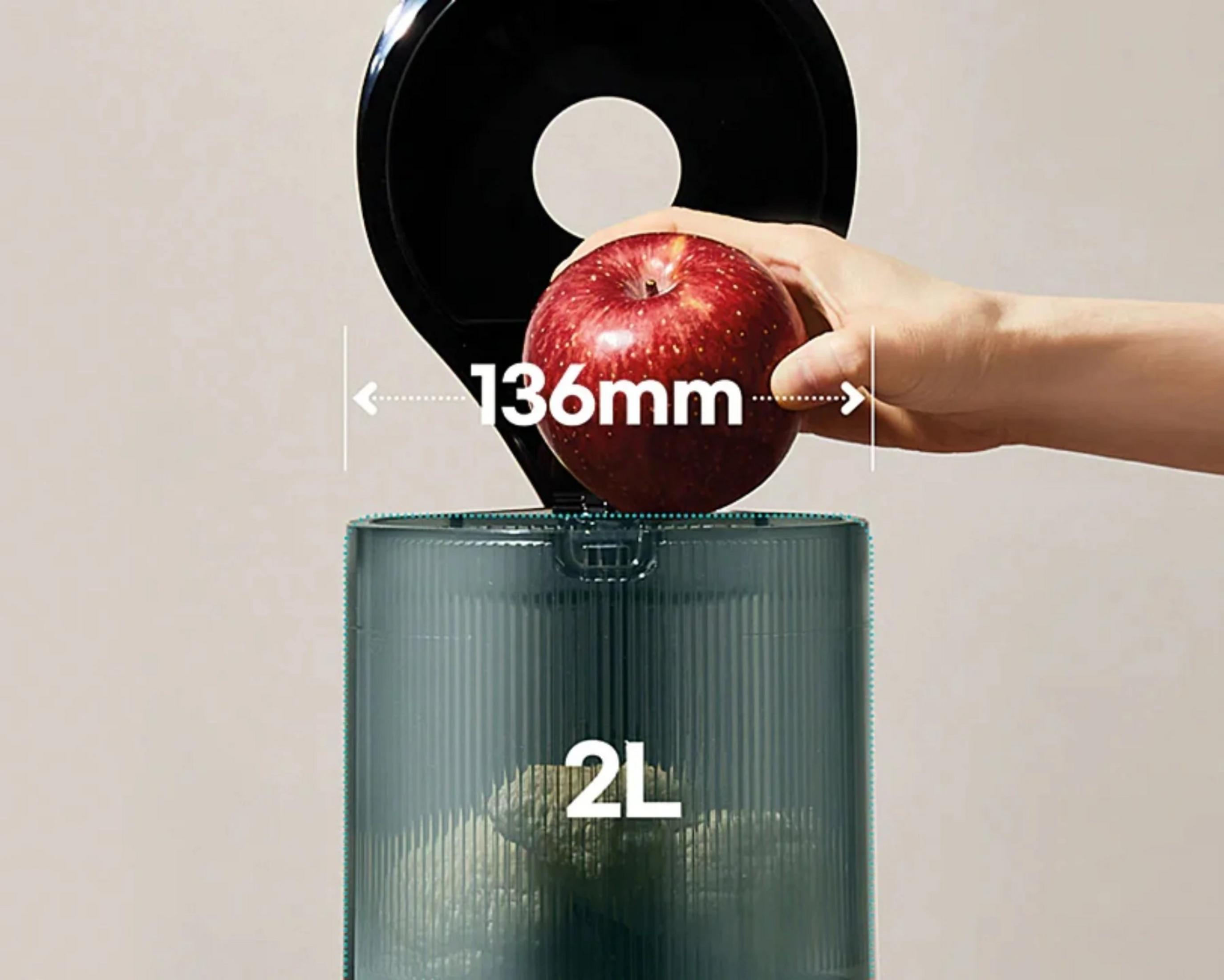Eine Hand hält einen roten Apfel über einen durchsichtigen Behälter mit 2L Kapazität.