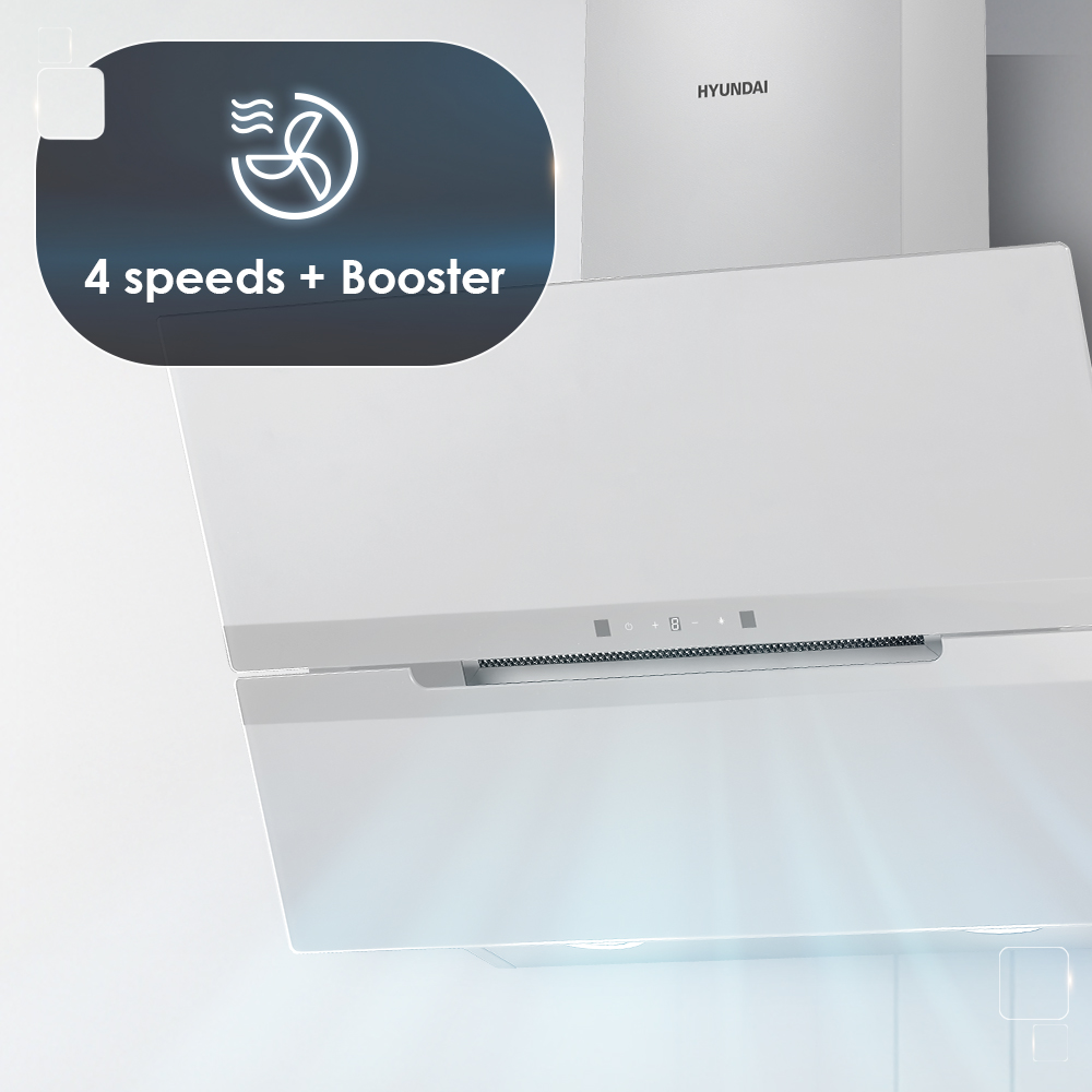 Campana extractora blanca con icono de ventilador y "4 speeds + Booster".