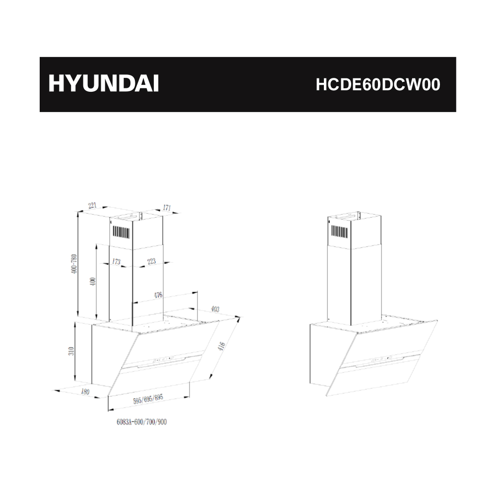 Dibujo técnico de una campana extractora HYUNDAI HCDE60DCW00 con medidas.
