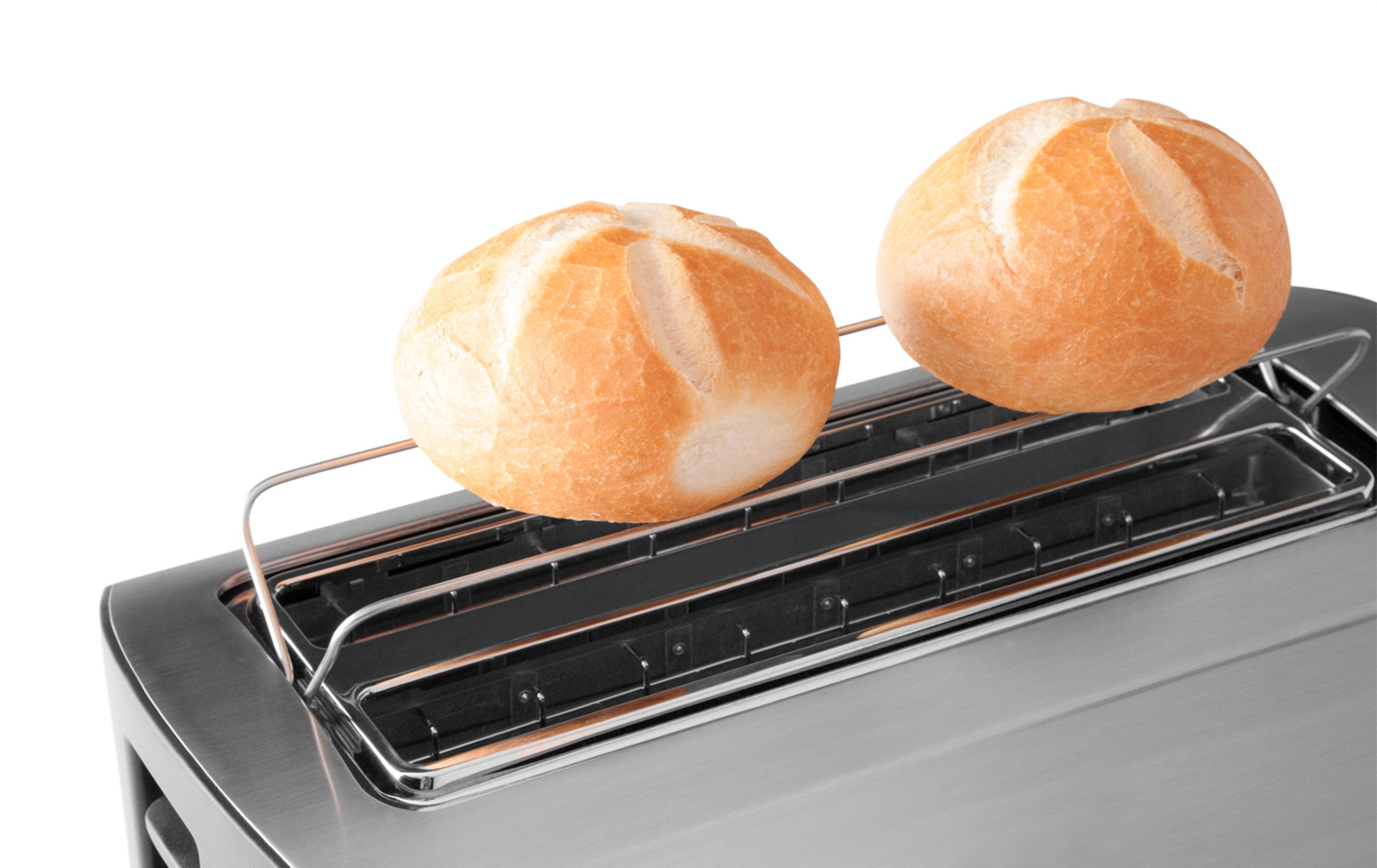 Zwei Brötchen auf einem Toaster mit Chrom-Rack.