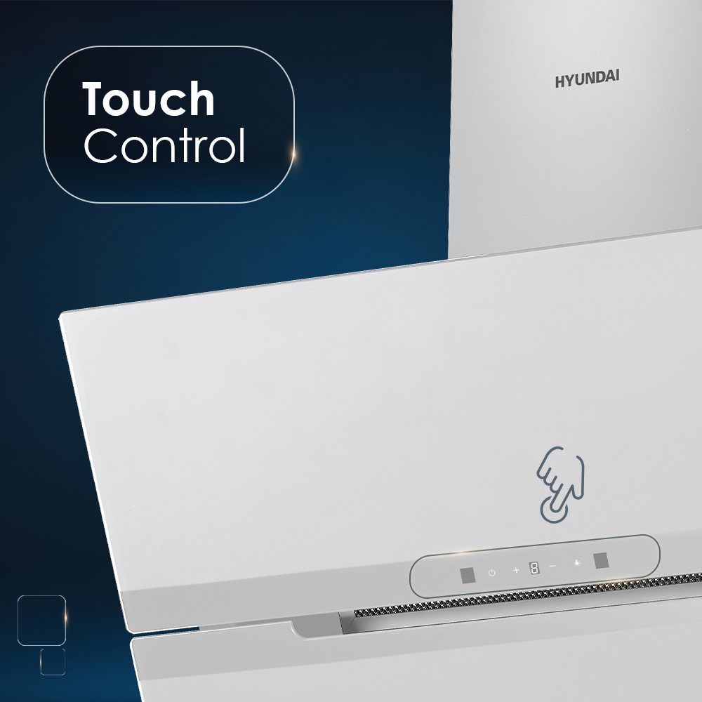 Panel de control blanco de campana extractora con controles táctiles y logo Hyundai.