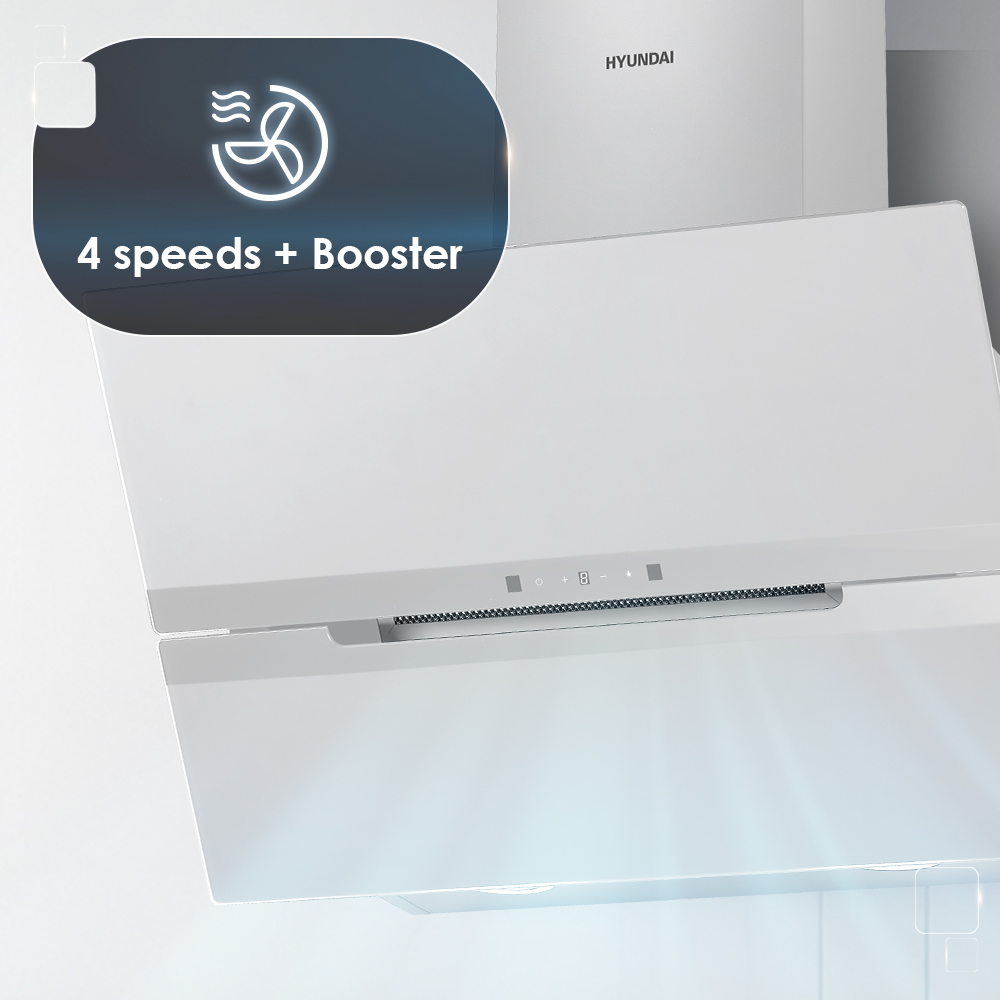 Campana extractora blanca con icono de ventilador, 4 velocidades + booster.