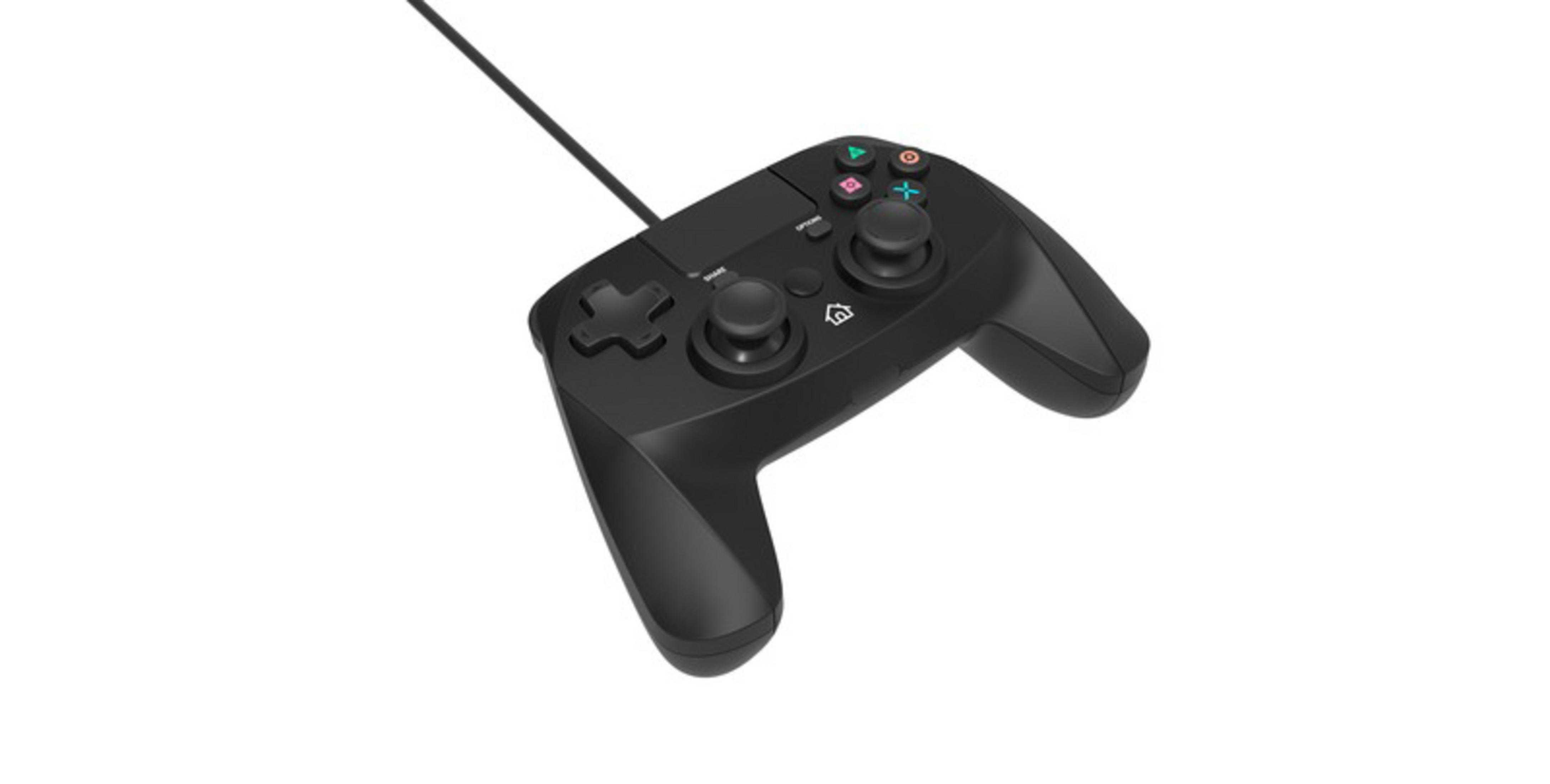 Czarny przewodowy kontroler do gier na białym tle.