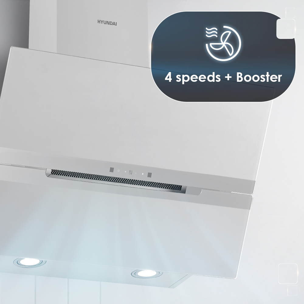 Una campana extractora Hyundai blanca con 4 velocidades + Booster y luces LED.