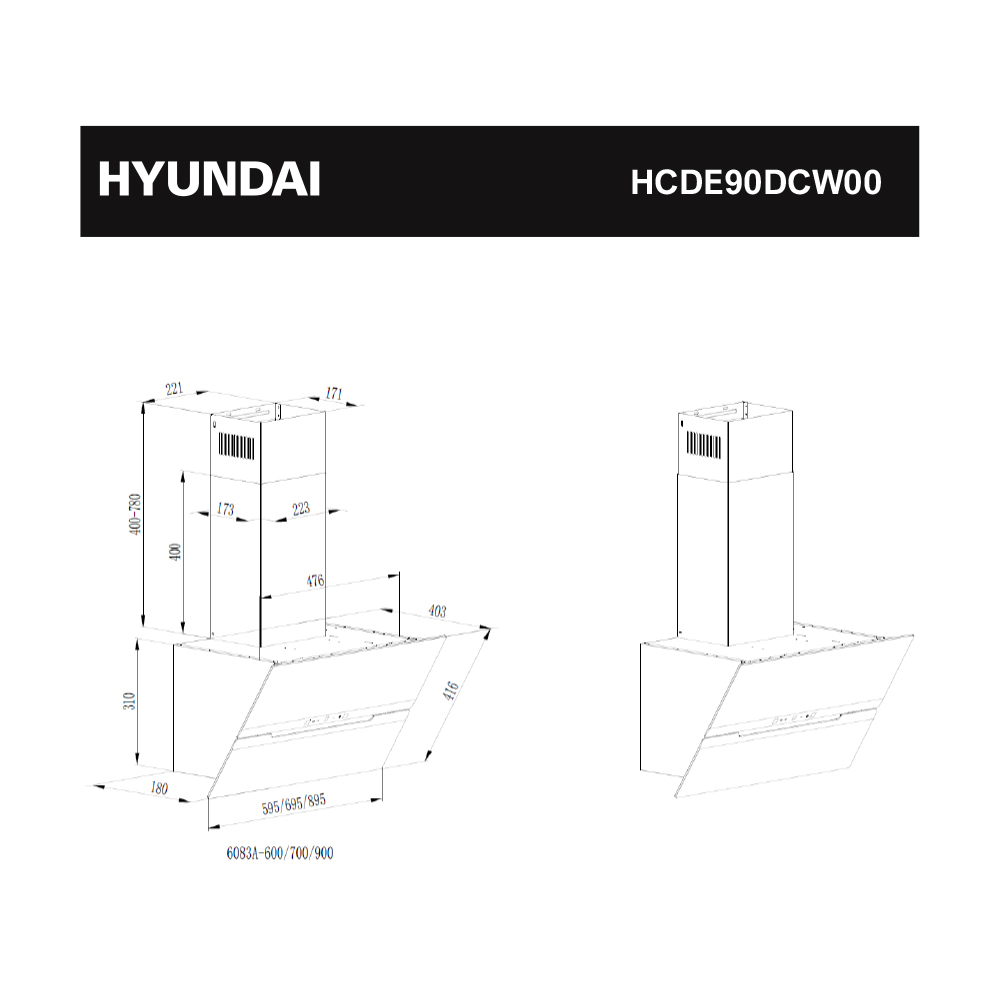 Dibujo técnico de una campana extractora HYUNDAI con dimensiones.