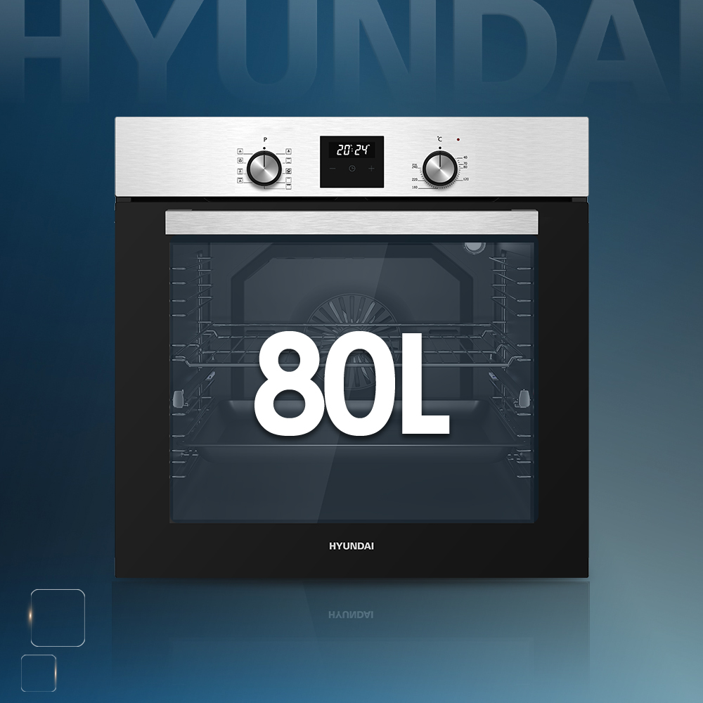 Horno empotrable de acero inoxidable con 80L de capacidad y pantalla digital.